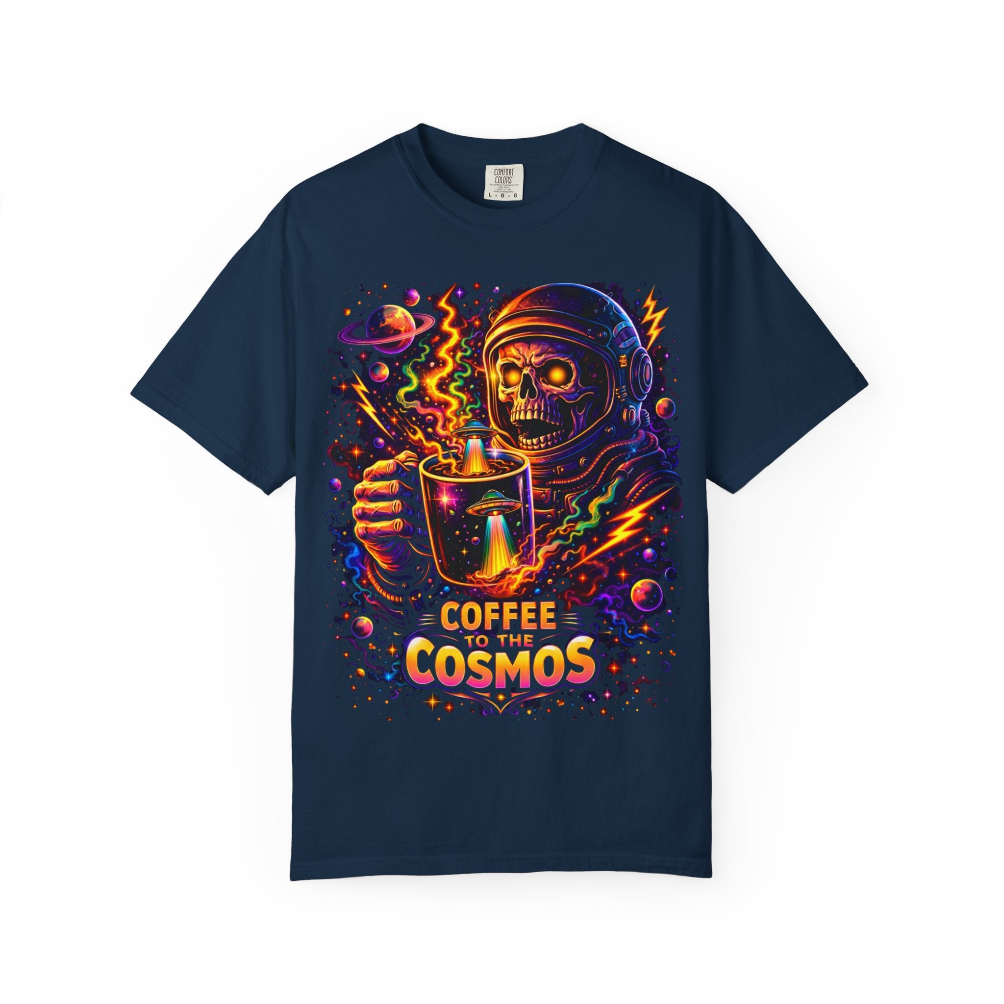 Coffee of the Cosmos T-Shirt — Neon Astronaut Skull Coffee Tee Printify