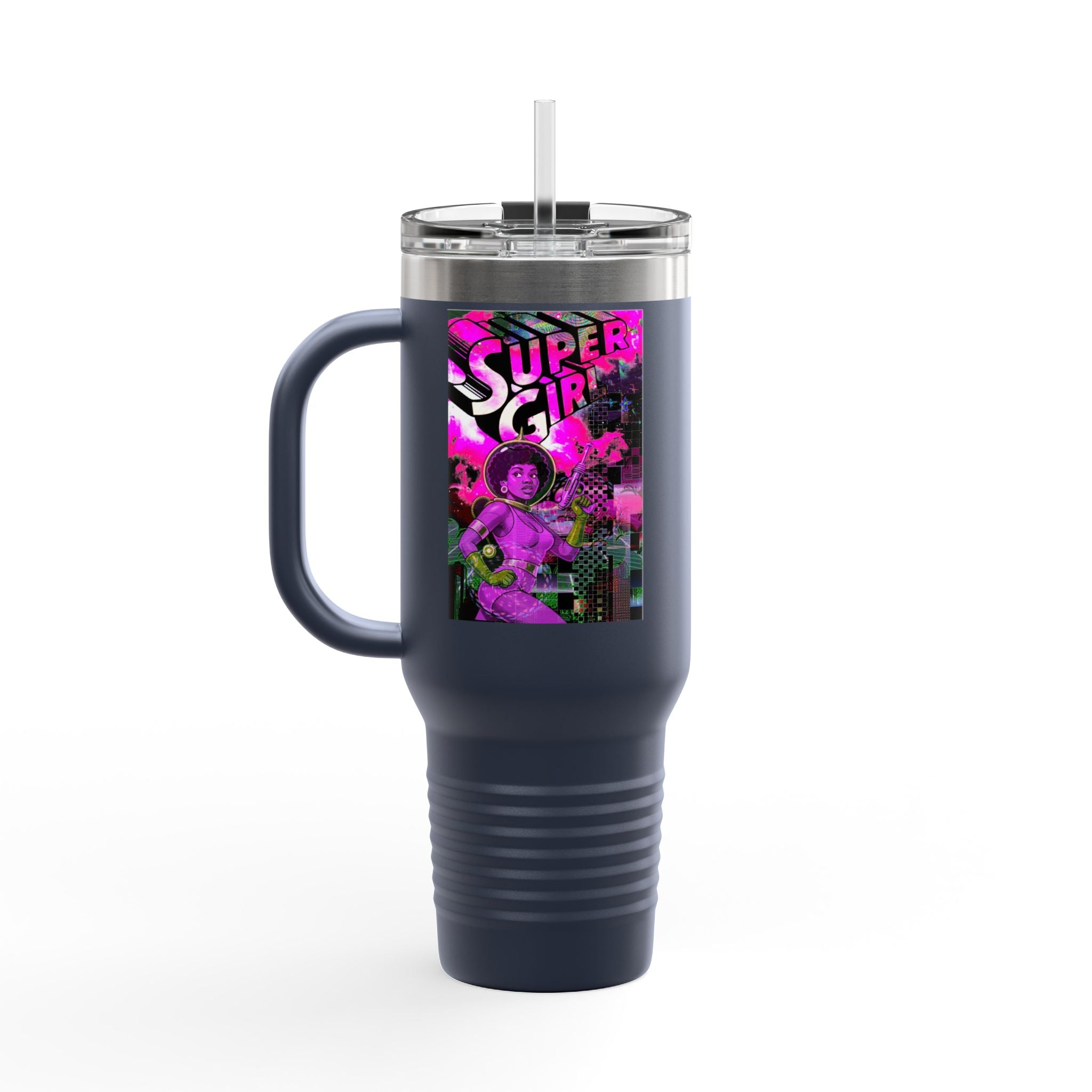 40oz Travel Mug — Neon 'Super Girl' Retro Comic Design