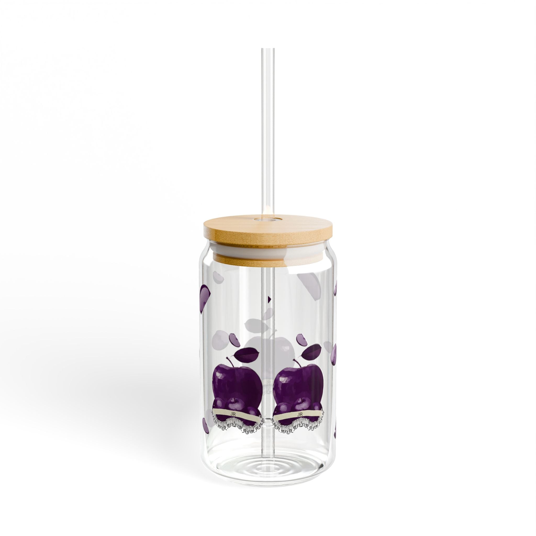 16oz Glass Sipper Cup with Purple Apple & Petals | Aesthetic Glass Tumbler with Bamboo Lid & Straw | Cute Reusable Iced Coffee Cup Printify