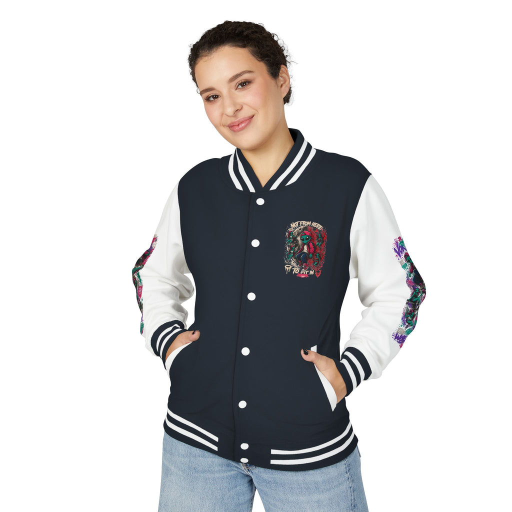 Letterman Jacket — Neon Alien Skull Graphic Varsity Jacket