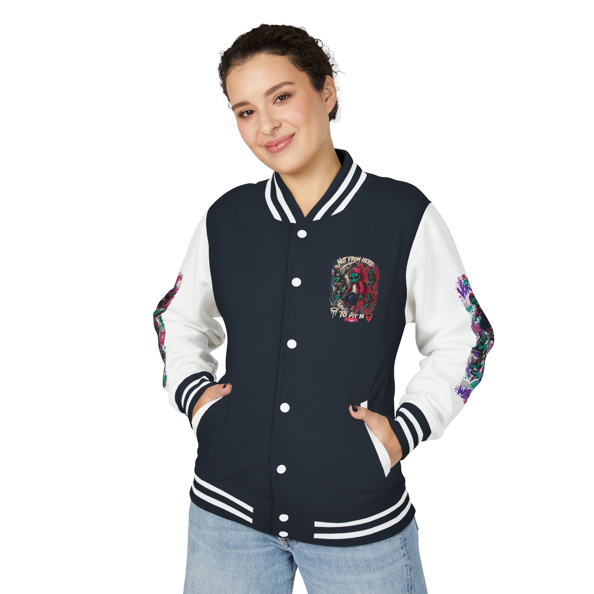 Letterman Jacket — Neon Alien Skull Graphic Varsity Jacket