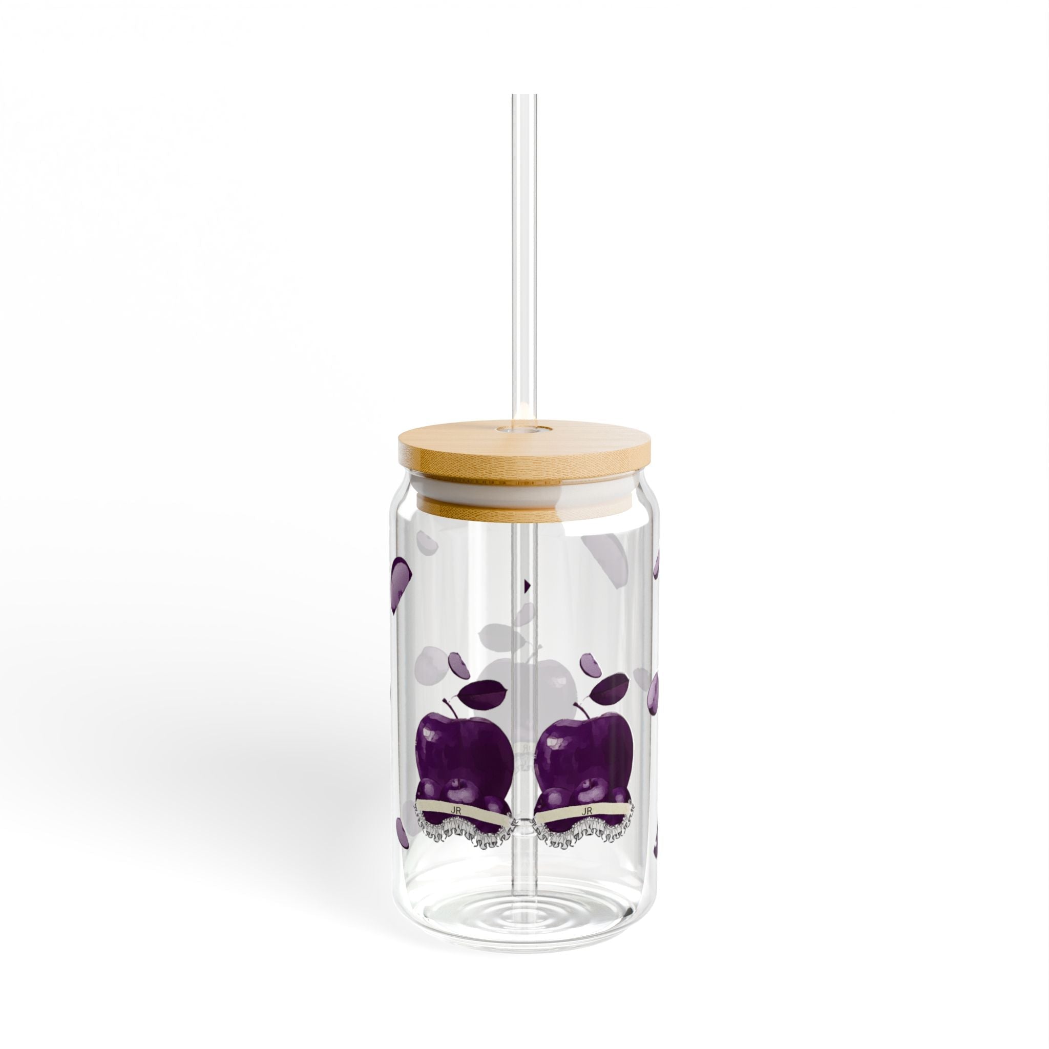 16oz Glass Sipper Cup with Purple Apple & Petals | Aesthetic Glass Tumbler with Bamboo Lid & Straw | Cute Reusable Iced Coffee Cup Printify
