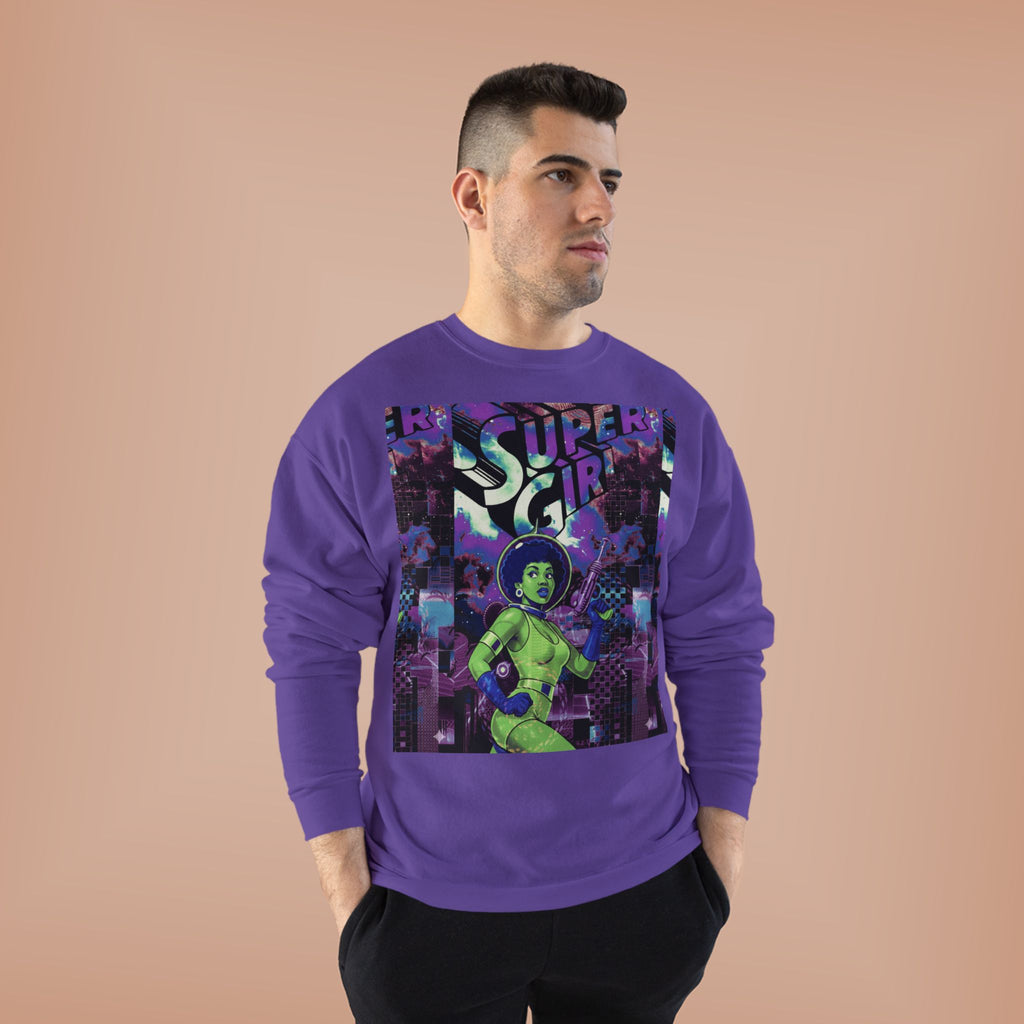 Retro Sci‑Fi 'Supergirl' Graphic Sweatshirt — Neon Space Comic Crewneck