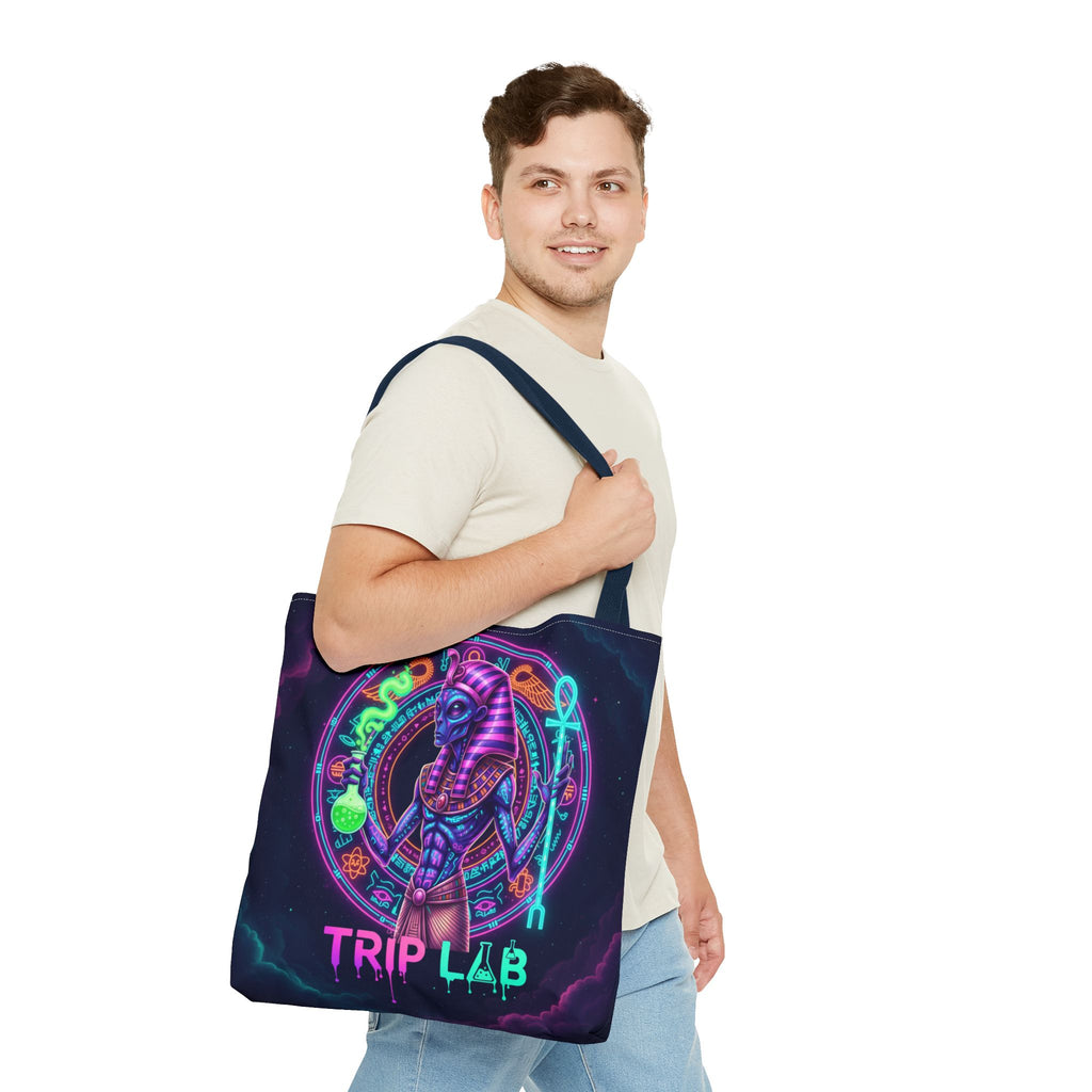 Psychedelic Trip Lab Tote Bag — Neon Ancient-Egypt Anubis All-Over Print