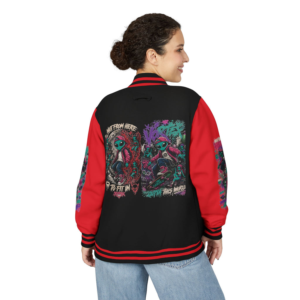 Letterman Jacket — Neon Alien Skull Graphic Varsity Jacket