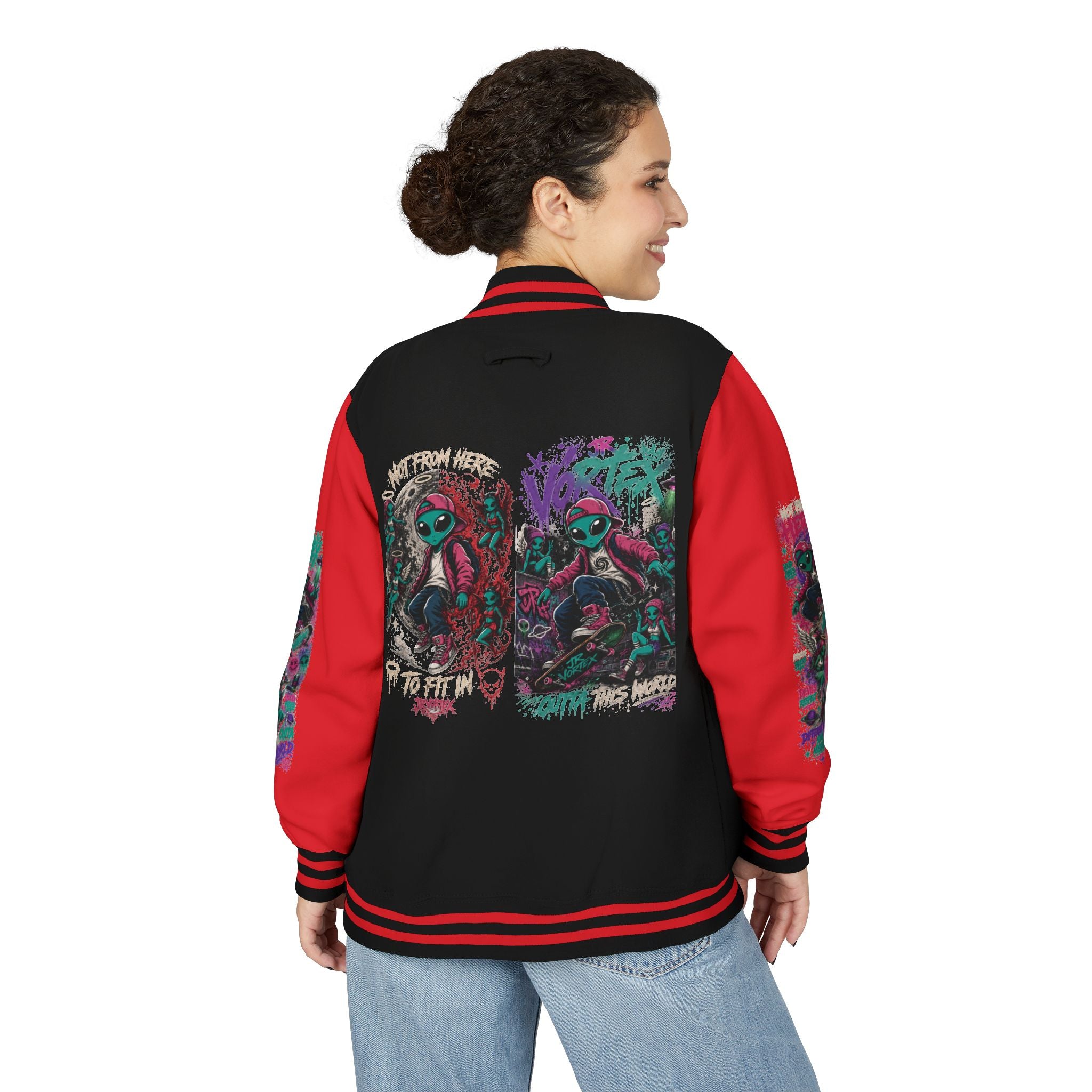Letterman Jacket — Neon Alien Skull Graphic Varsity Jacket