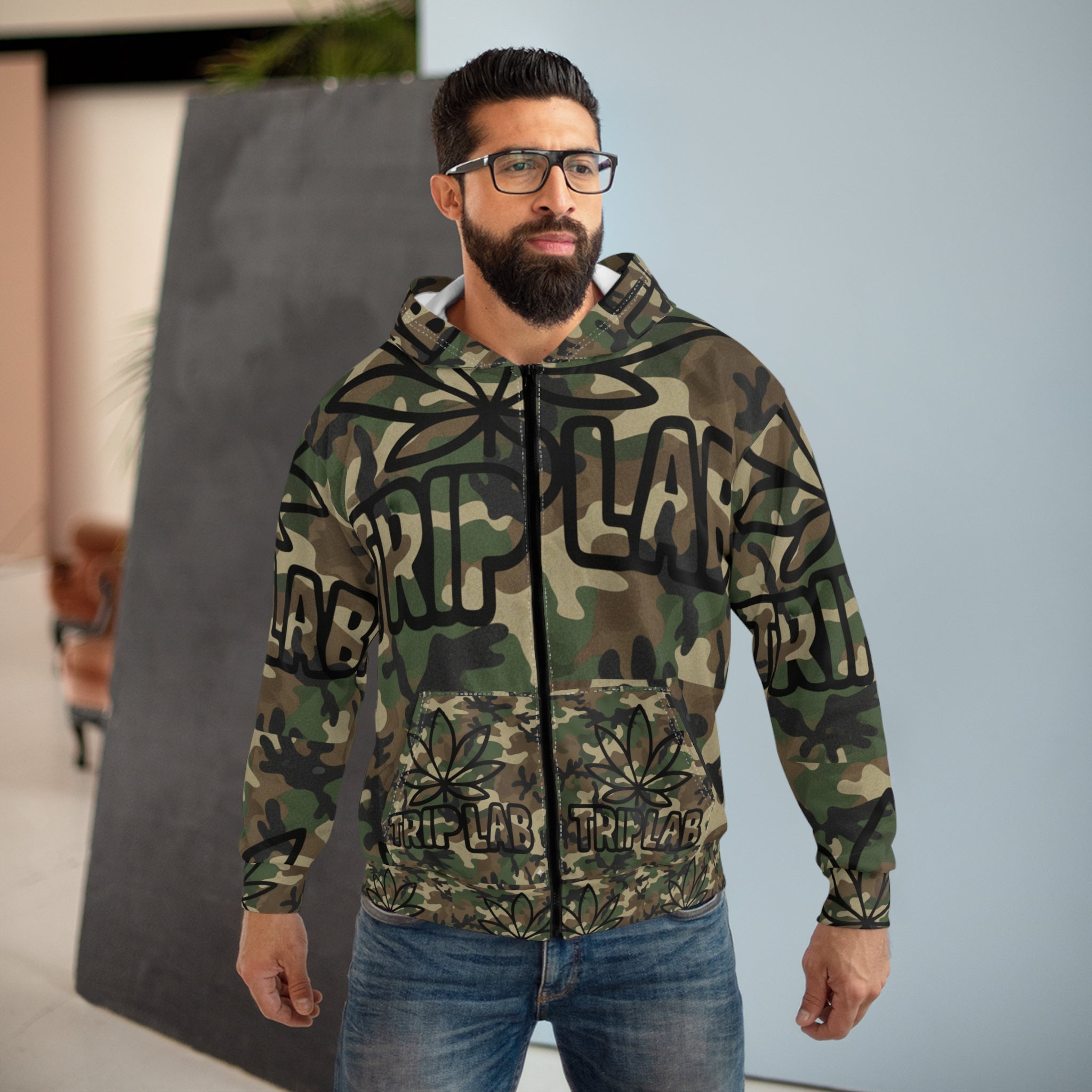 Camo 'TRIP LAB' Zip Hoodie with Leaf Graphic
