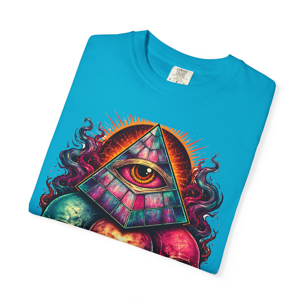 T-Shirt — Psychedelic All-Seeing Eye & Triple Skulls Graphic.       💀 i got make tags for for this Printify