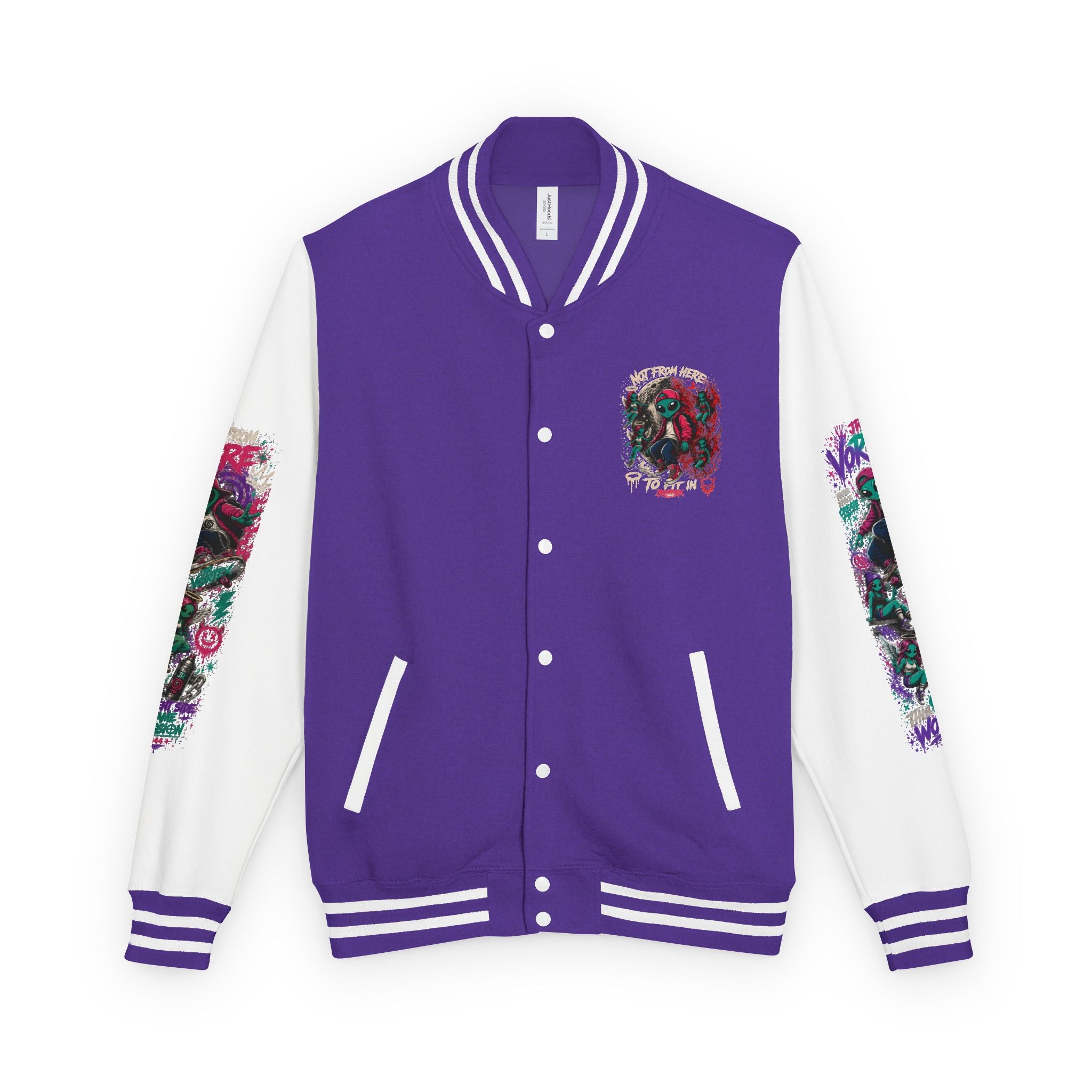 Letterman Jacket — Neon Alien Skull Graphic Varsity Jacket