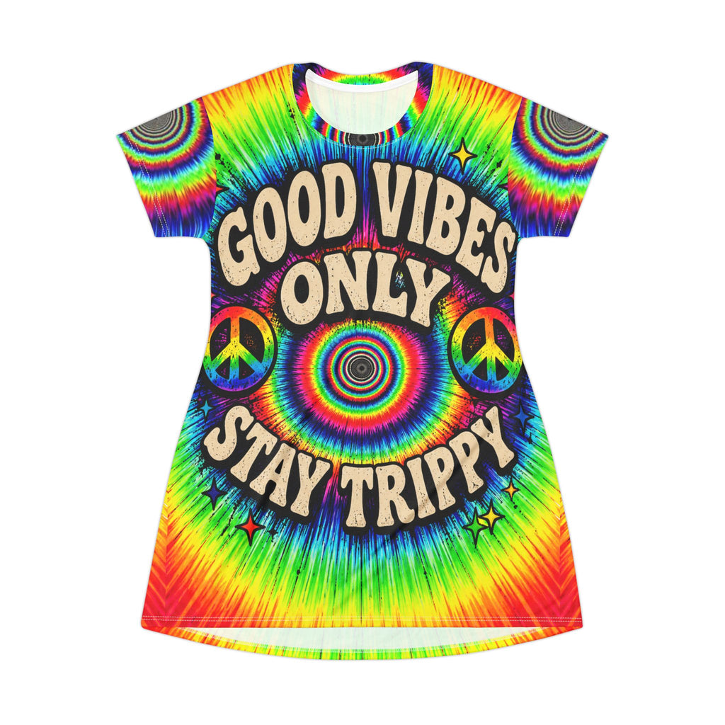 Good Vibes Only Stay Trippy Dress – Psychedelic Rainbow AOP Mini T-Shirt Dress
