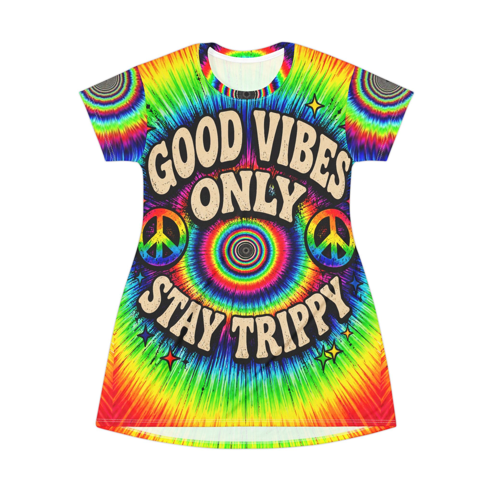 Good Vibes Only Stay Trippy Dress – Psychedelic Rainbow AOP Mini T-Shirt Dress