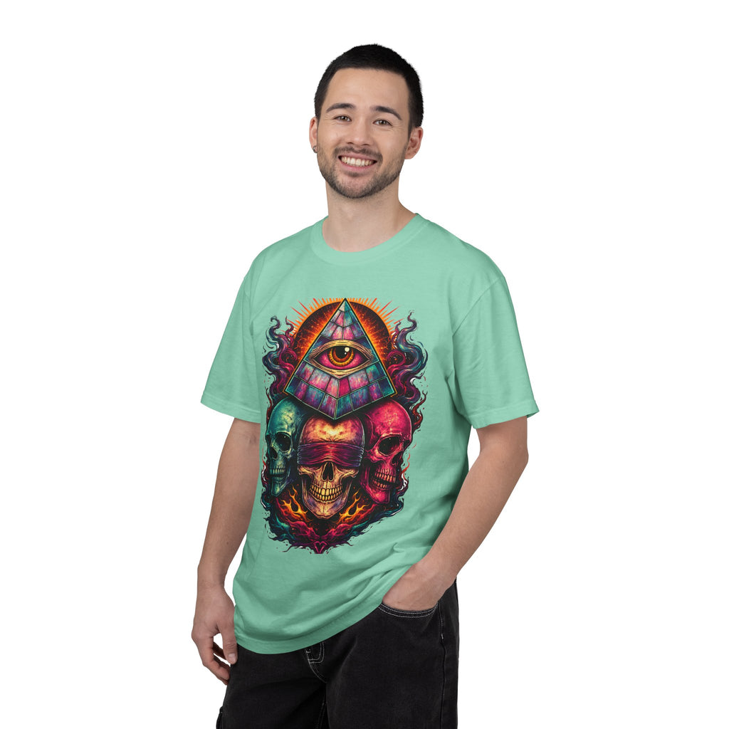 T-Shirt — Psychedelic All-Seeing Eye & Triple Skulls Graphic.       💀 i got make tags for for this Printify
