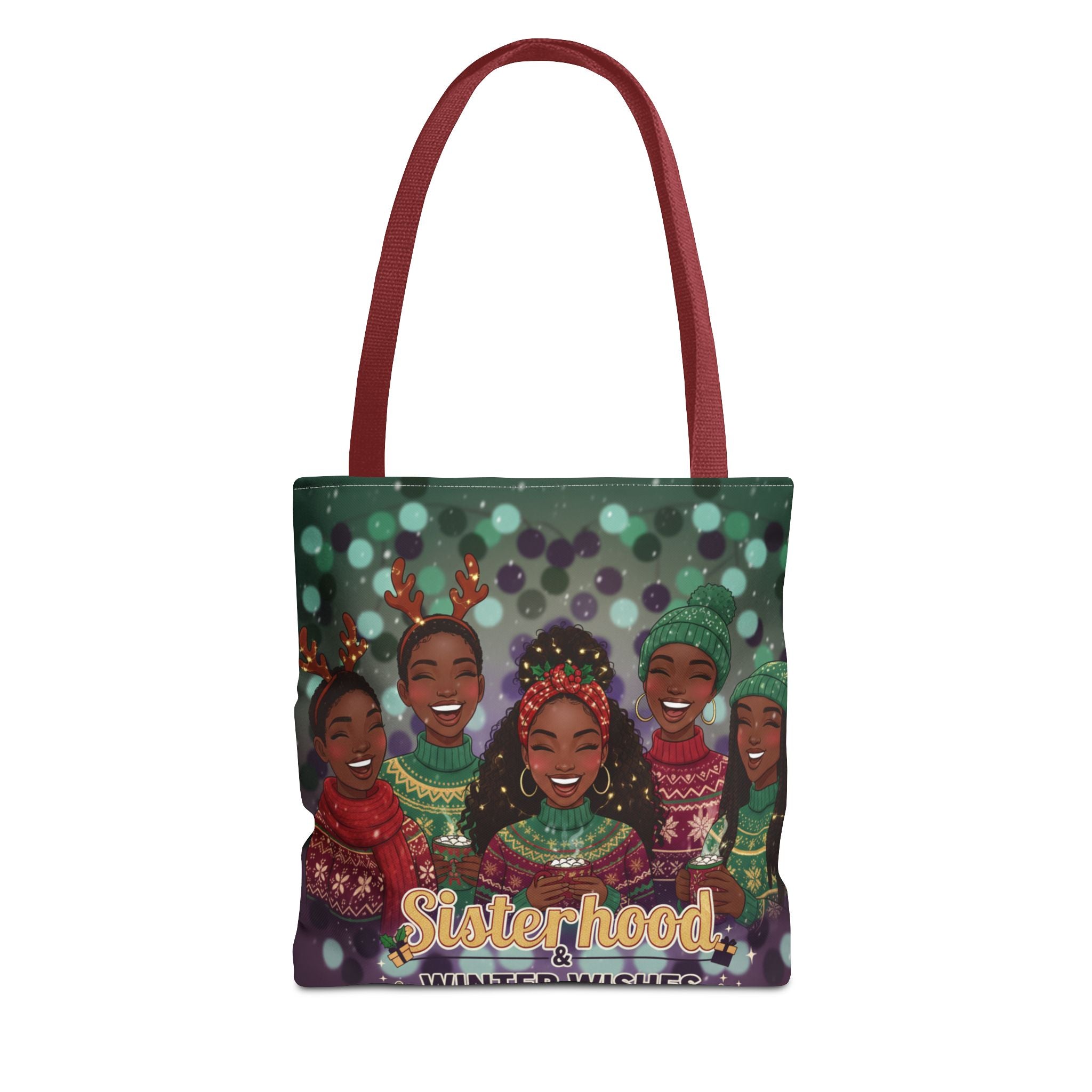 Sisterhood Winter Wishes Holiday Tote Bag — Festive Afrocentric Christmas Market Bag🎄