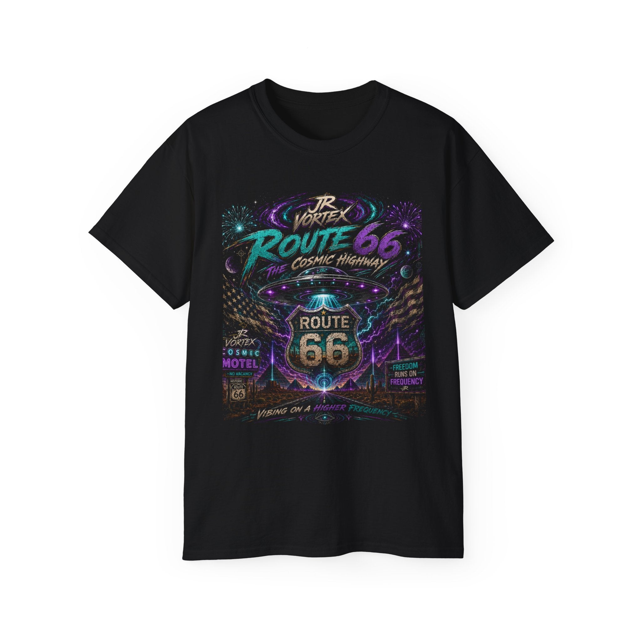 Route 66 Cosmic Highway Tee – JR Vortex UFO Neon Graphic T-Shirt