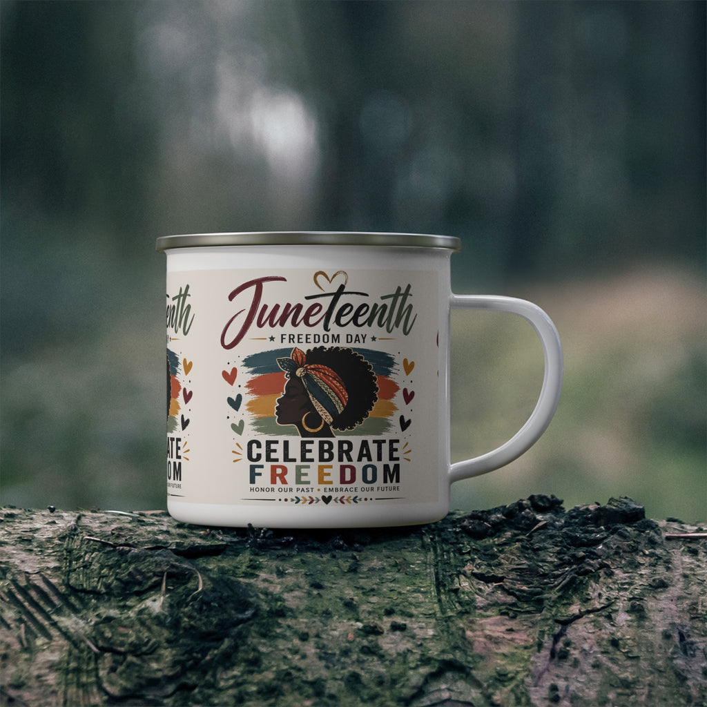 Juneteenth Enamel Camping Mug — "Celebrate Freedom" Retro Afro Pride Design