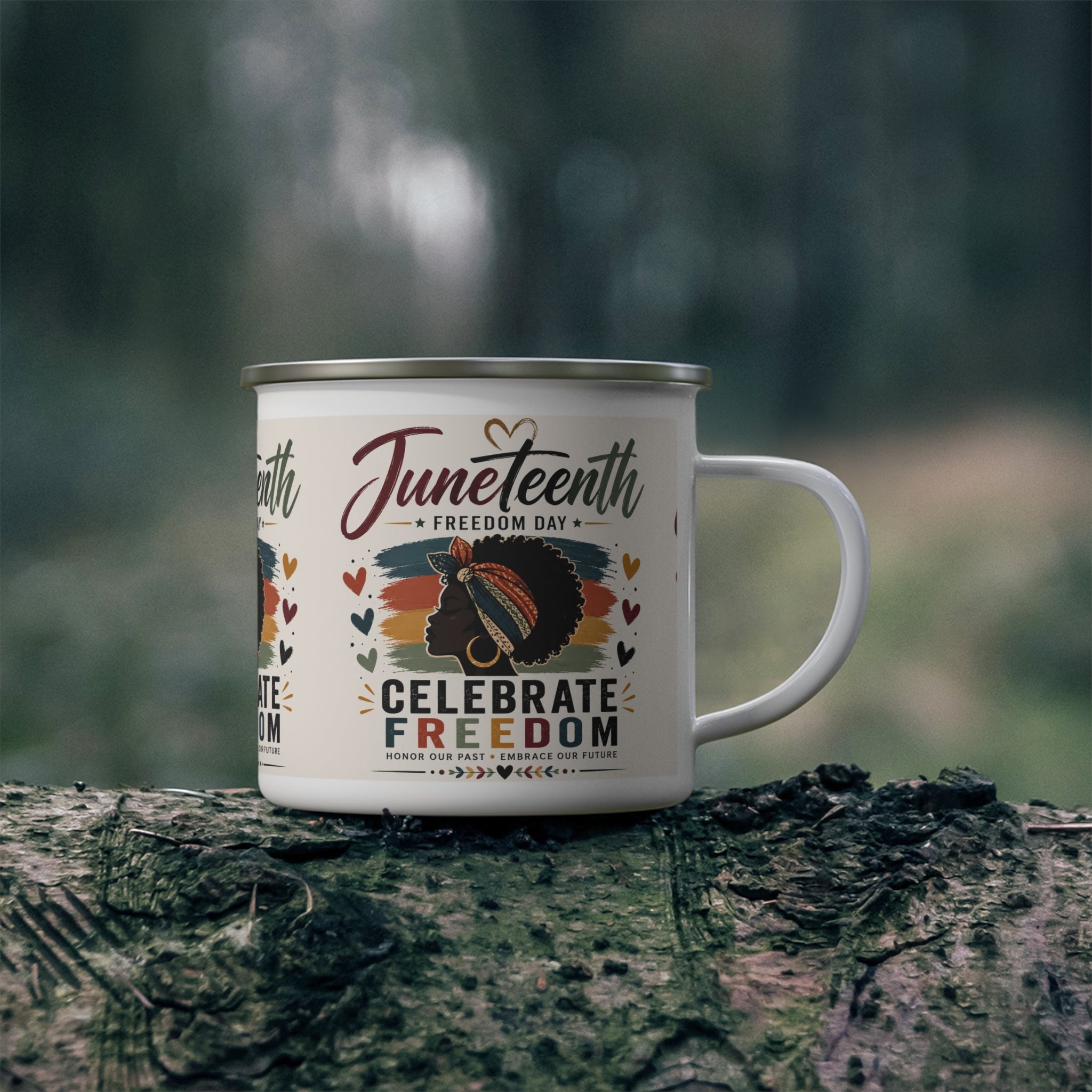 Juneteenth Enamel Camping Mug — "Celebrate Freedom" Retro Afro Pride Design