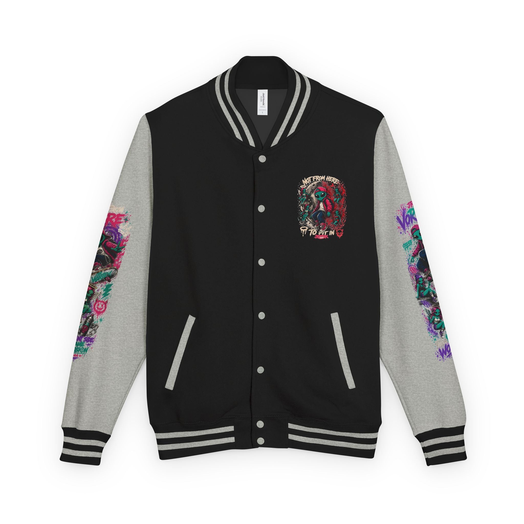 Letterman Jacket — Neon Alien Skull Graphic Varsity Jacket