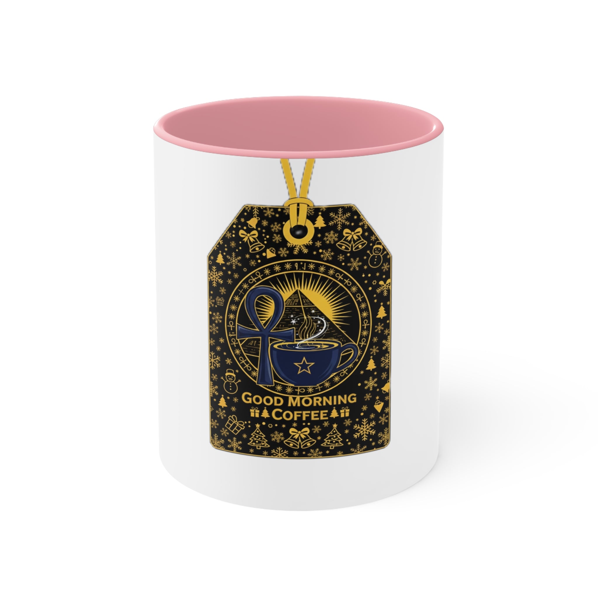 Good Morning Coffee Accent Mug — Pink Interior Ceramic Coffee Mug with Gold Tarot Tag Design
