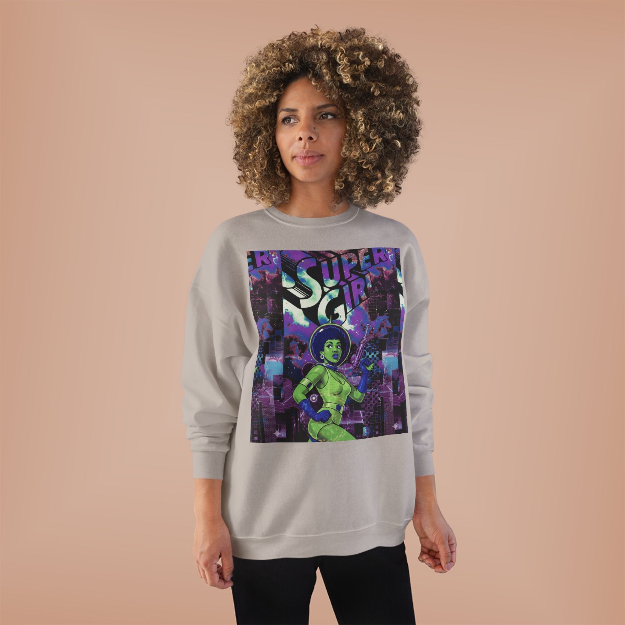Retro Sci‑Fi 'Supergirl' Graphic Sweatshirt — Neon Space Comic Crewneck