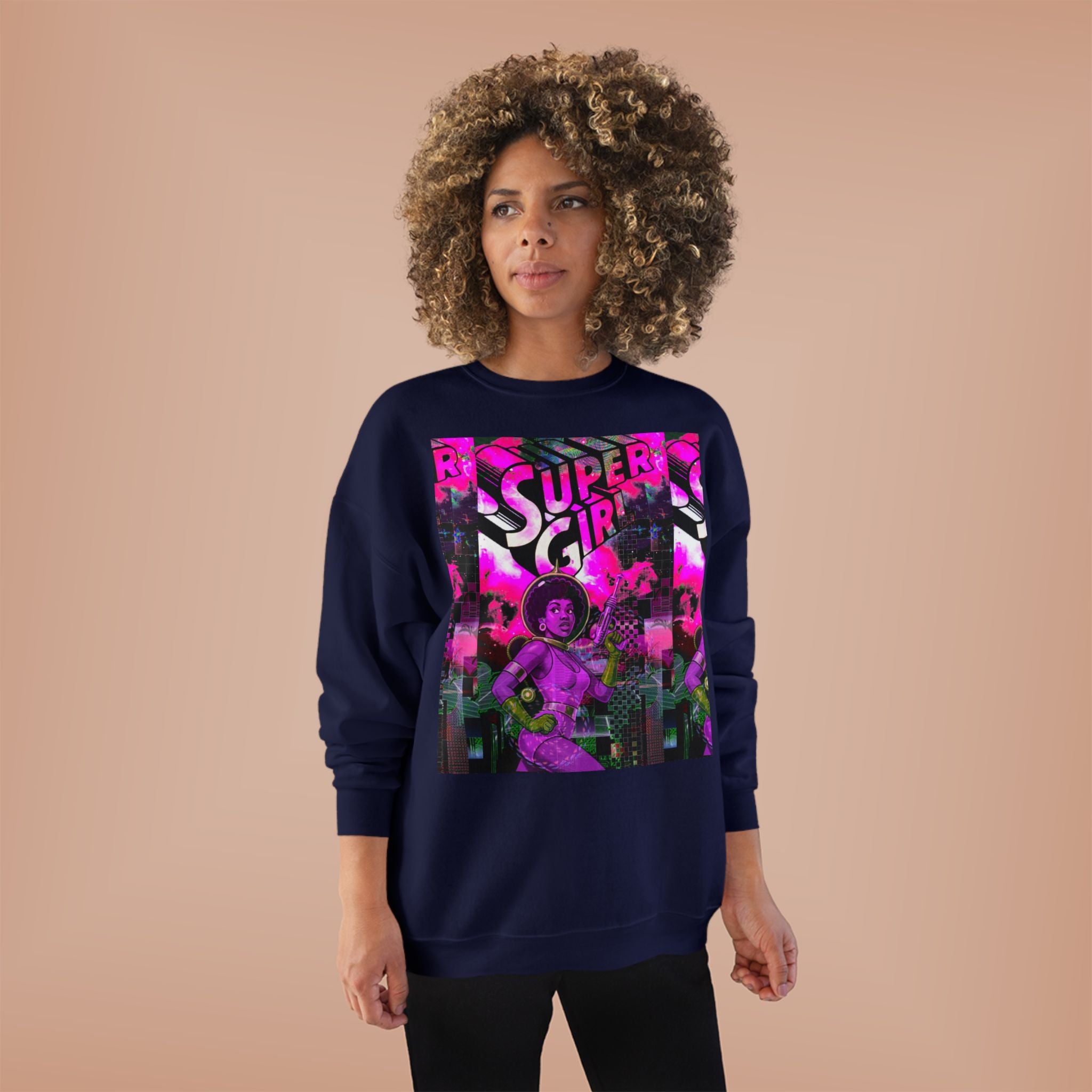 Super Girl Crewneck Sweatshirt — Retro Neon Comic Graphic