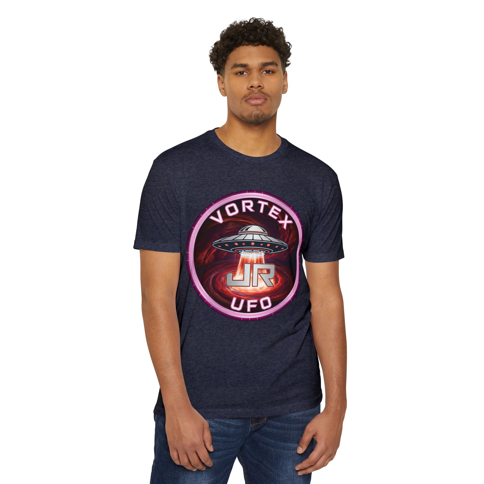 UFO Vortex Logo T-Shirt — Retro Alien Spacecraft Graphic Tee Printify