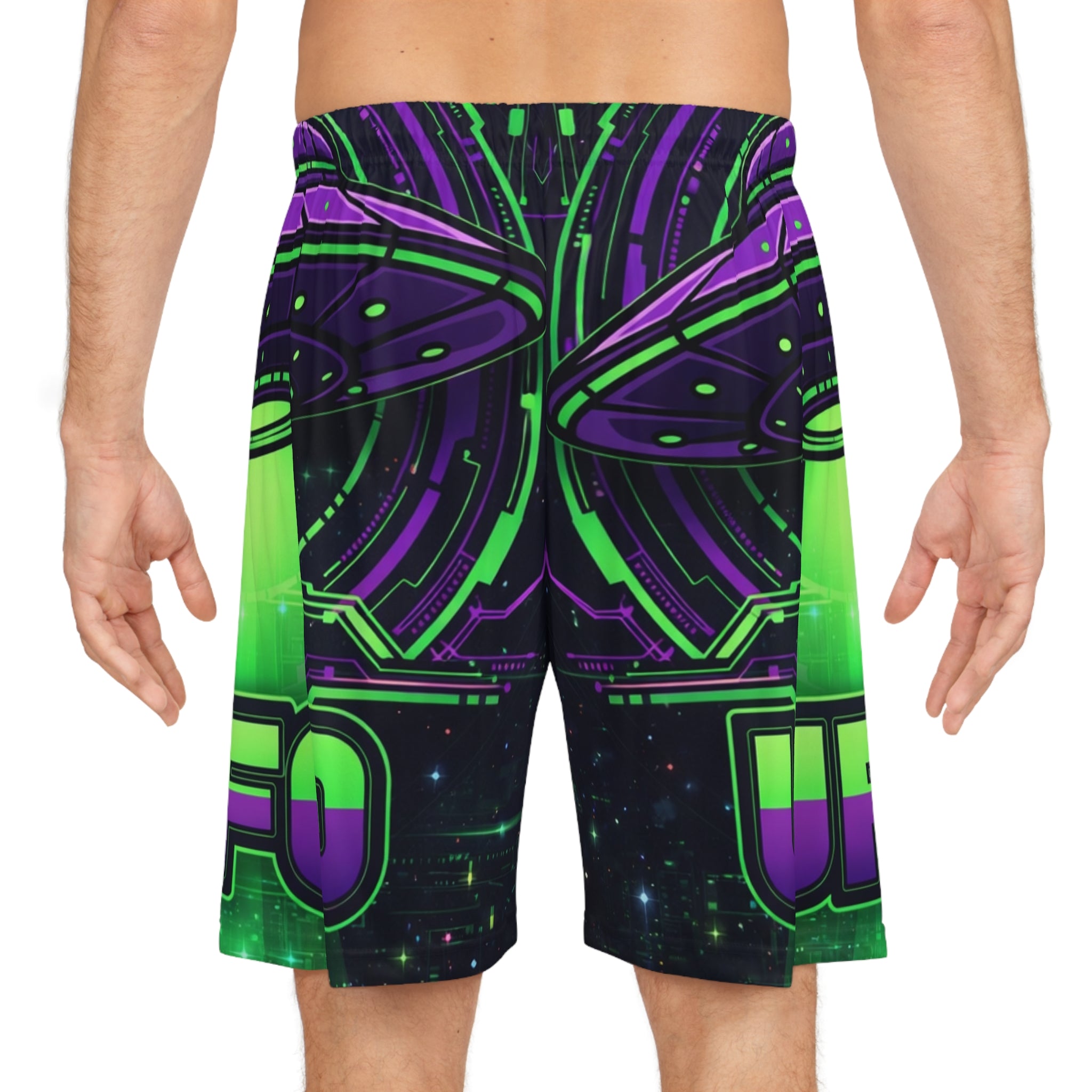 Neon UFO Streetwear Shorts – Alien Energy All-Over Print Printify