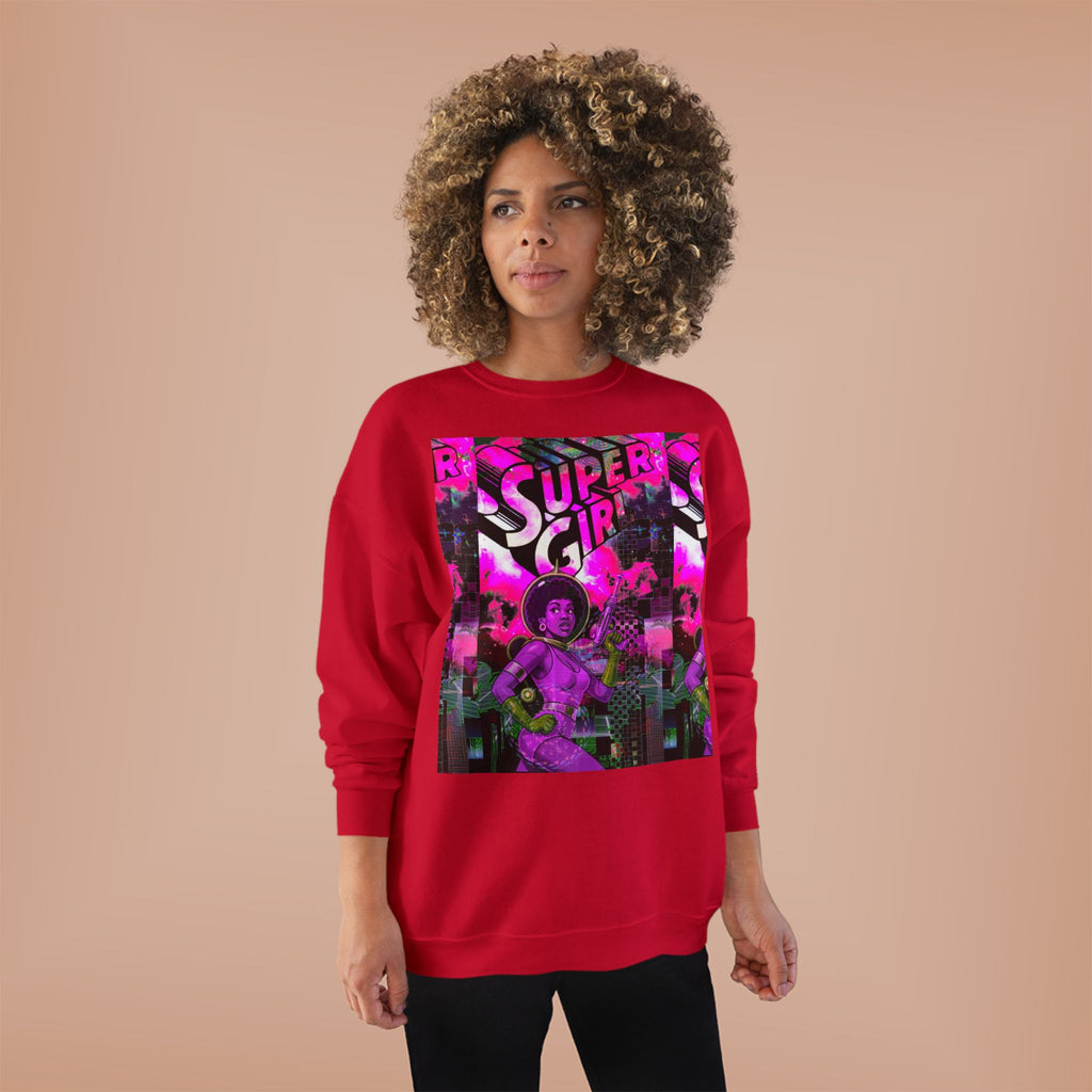 Super Girl Crewneck Sweatshirt — Retro Neon Comic Graphic