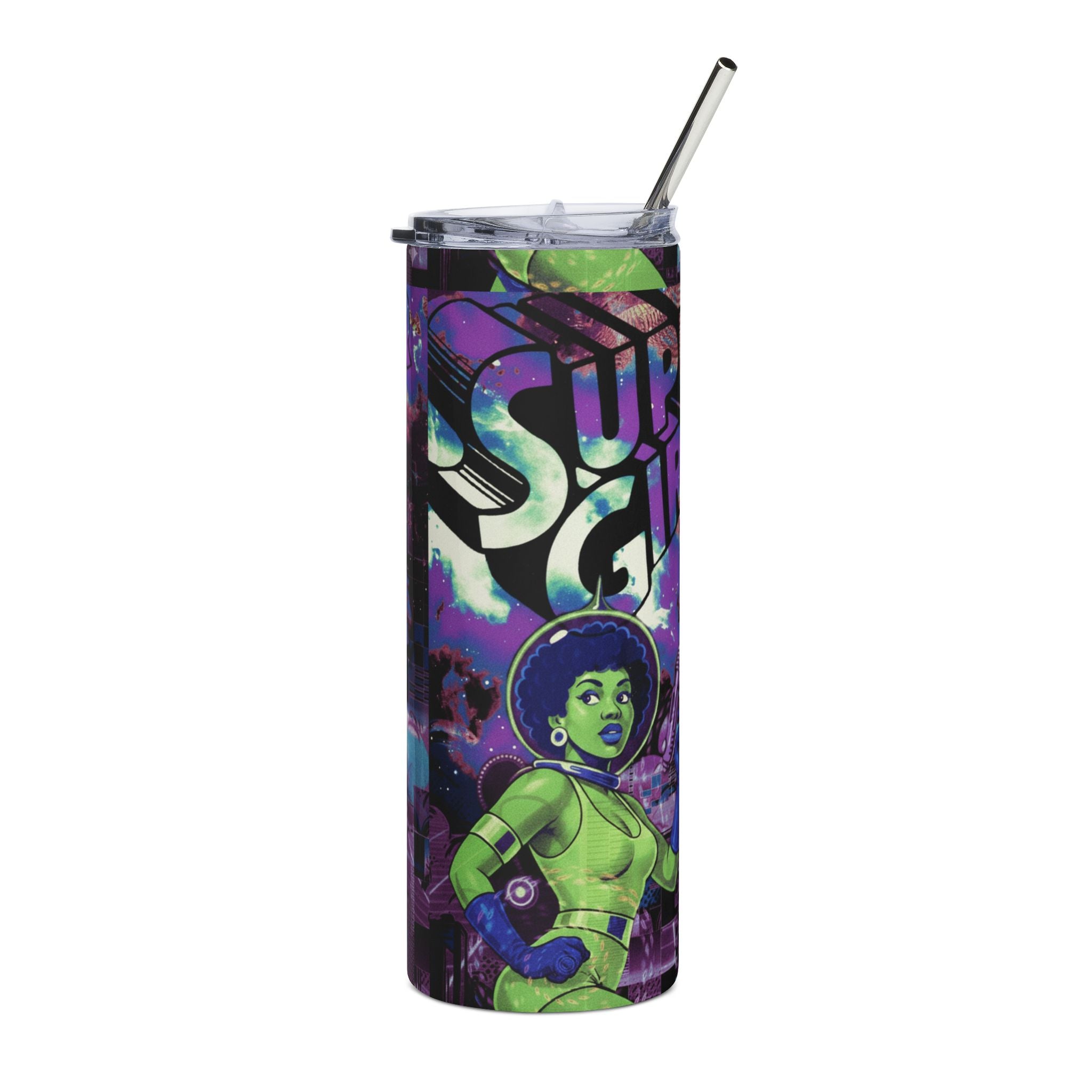 20oz Stainless Steel Tumbler — Green Supergirl Cosmic Collage Design