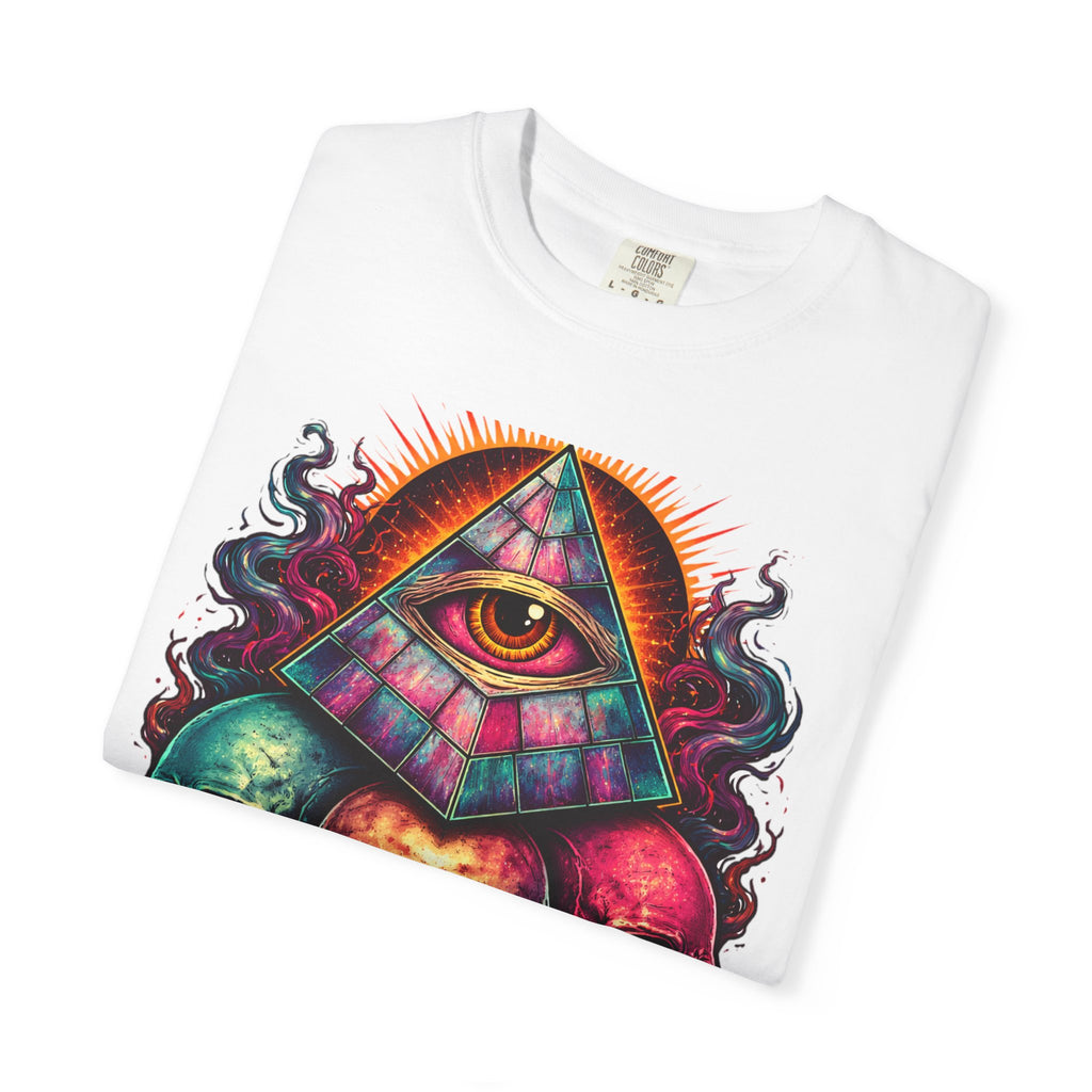 T-Shirt — Psychedelic All-Seeing Eye & Triple Skulls Graphic.       💀 i got make tags for for this Printify