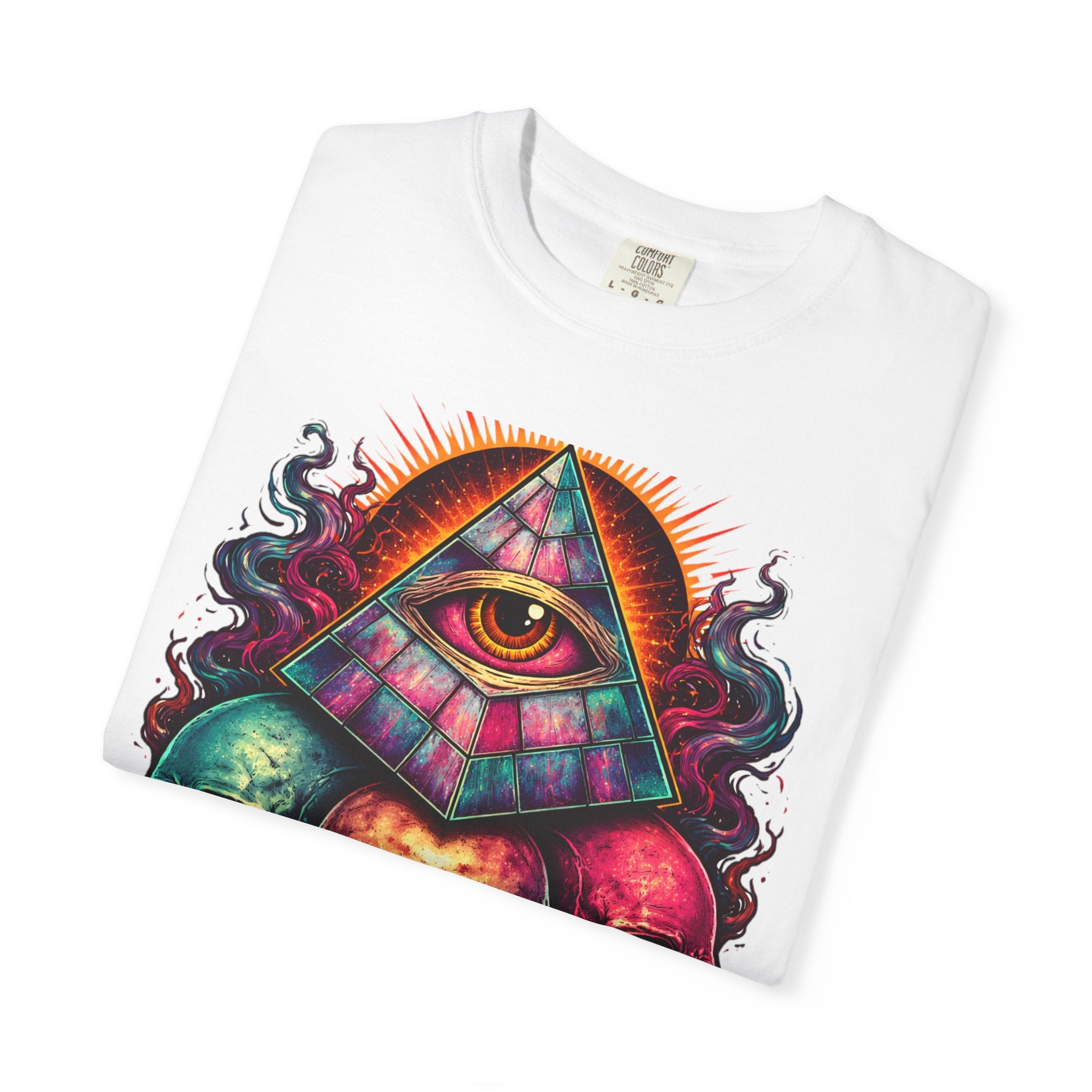T-Shirt — Psychedelic All-Seeing Eye & Triple Skulls Graphic.       💀 i got make tags for for this Printify