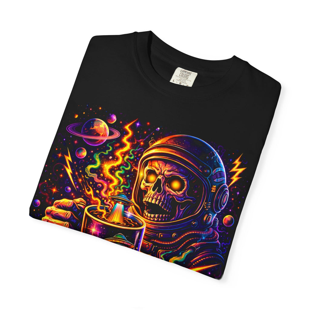 Coffee of the Cosmos T-Shirt — Neon Astronaut Skull Coffee Tee Printify
