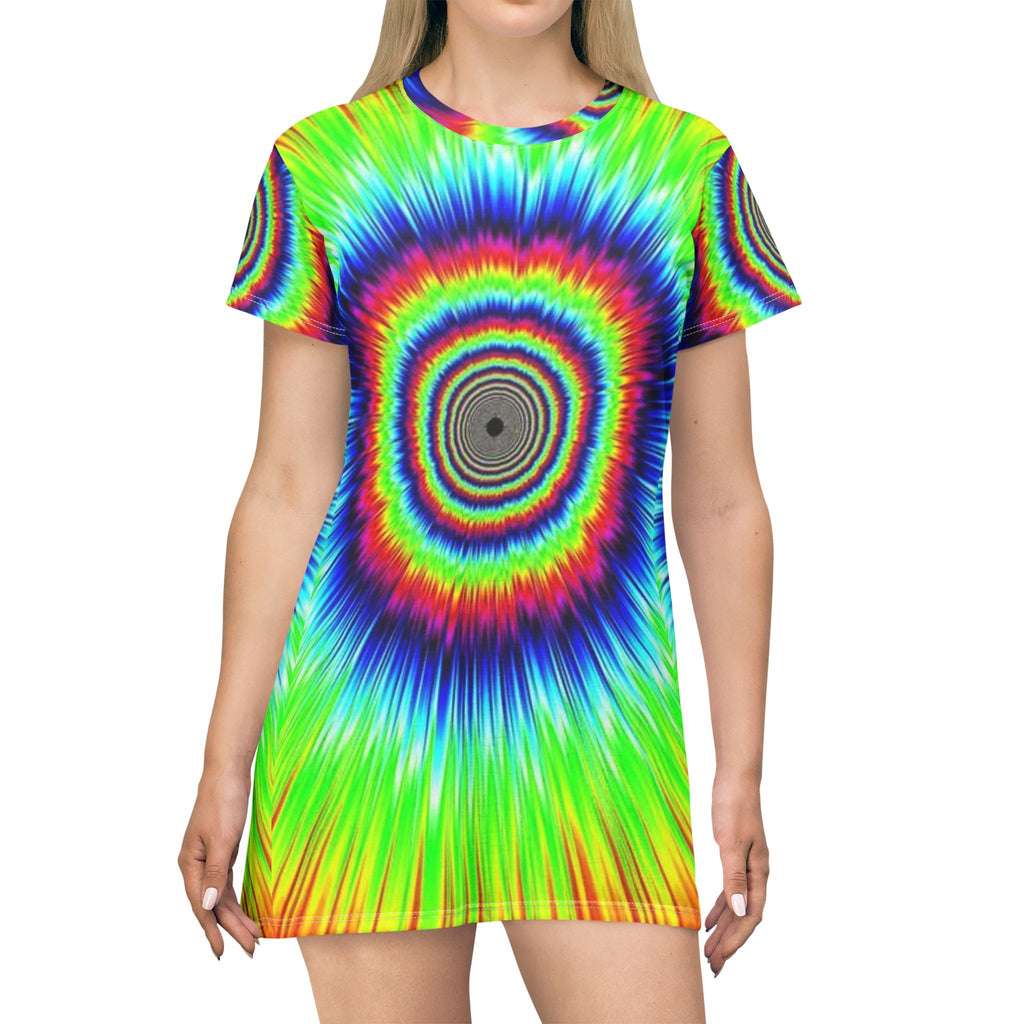 Tie-Dye Sunburst Mini Dress – Psychedelic Rainbow AOP T-Shirt Dress