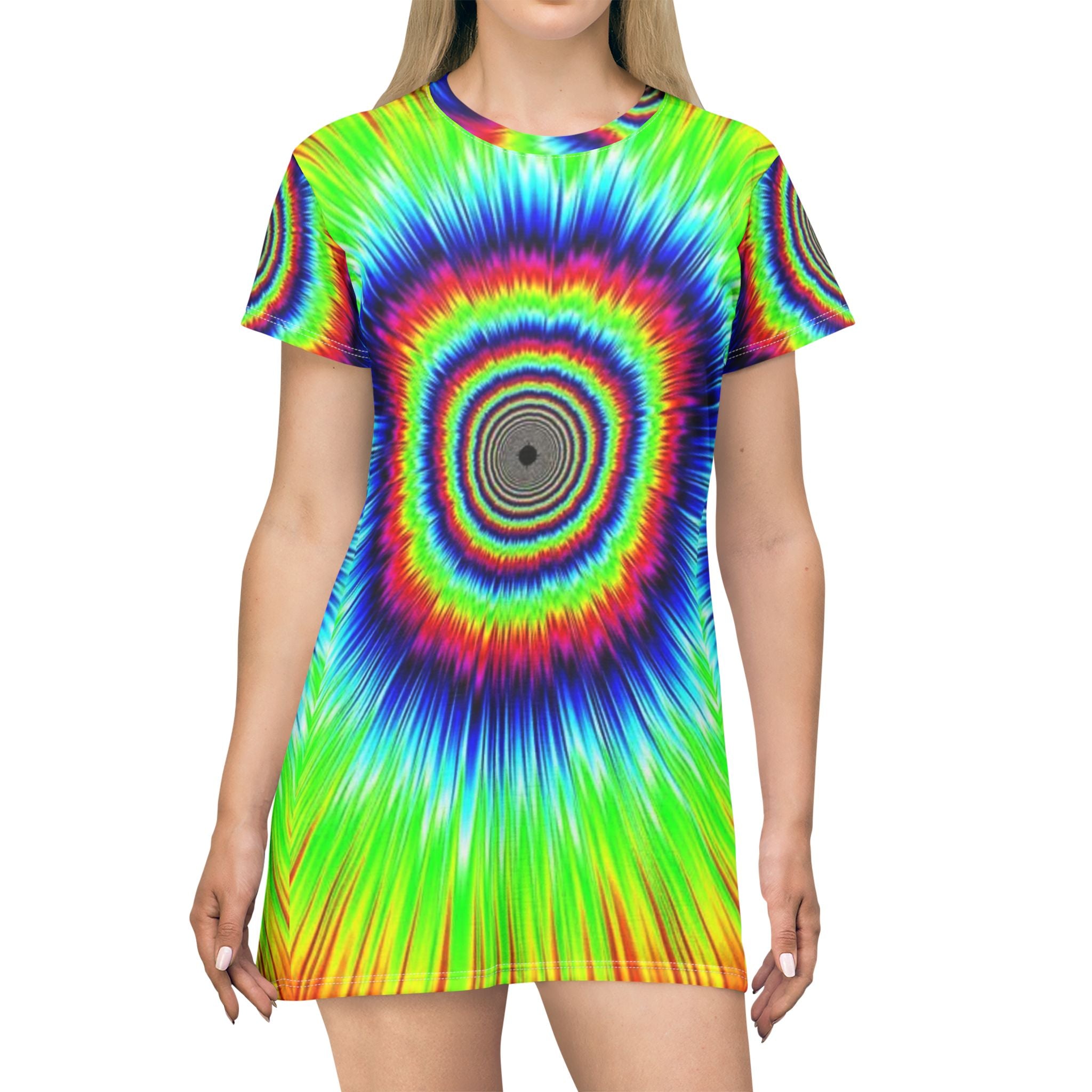 Tie-Dye Sunburst Mini Dress – Psychedelic Rainbow AOP T-Shirt Dress