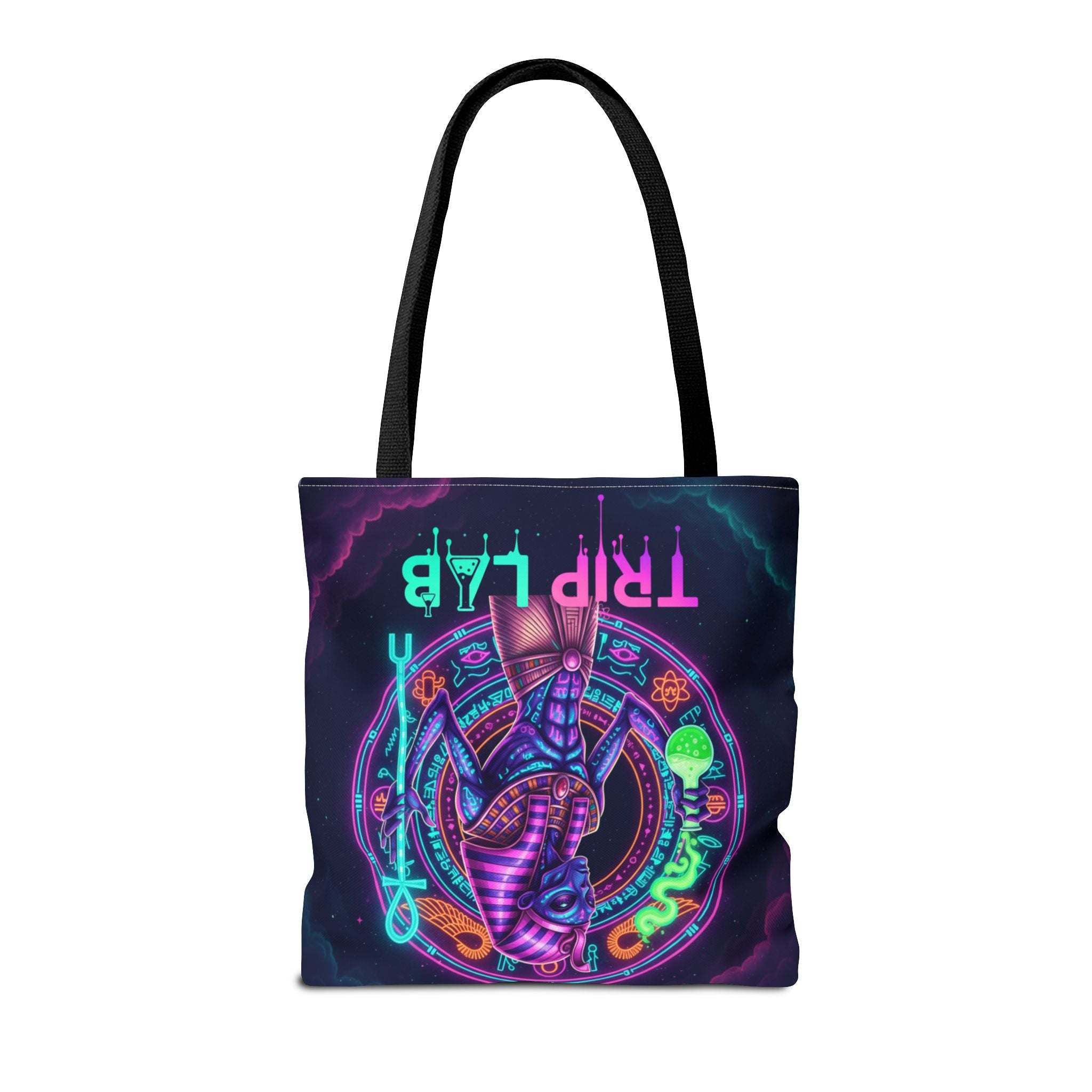 Psychedelic Trip Lab Tote Bag — Neon Ancient-Egypt Anubis All-Over Print