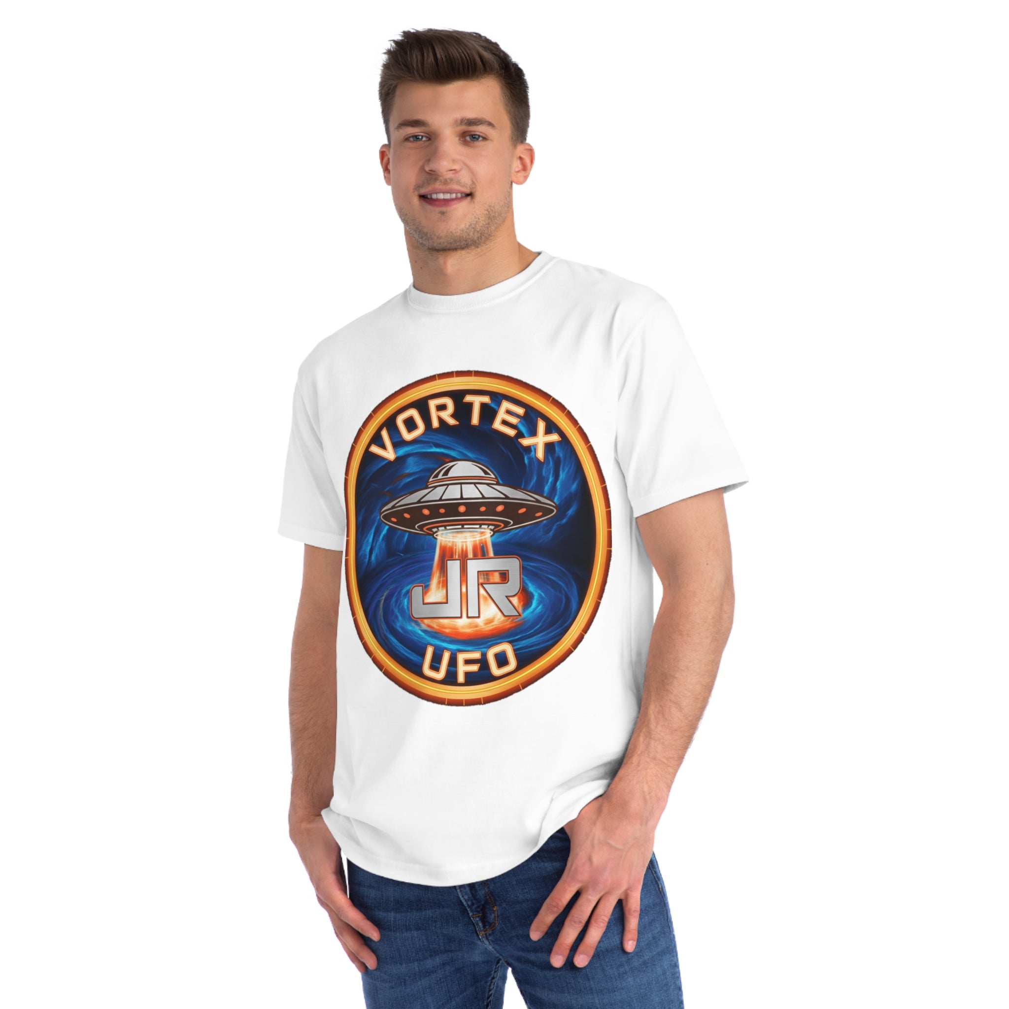 Vortex UFO JR Patch T‑Shirt — Retro UFO Badge Graphic Tee Printify