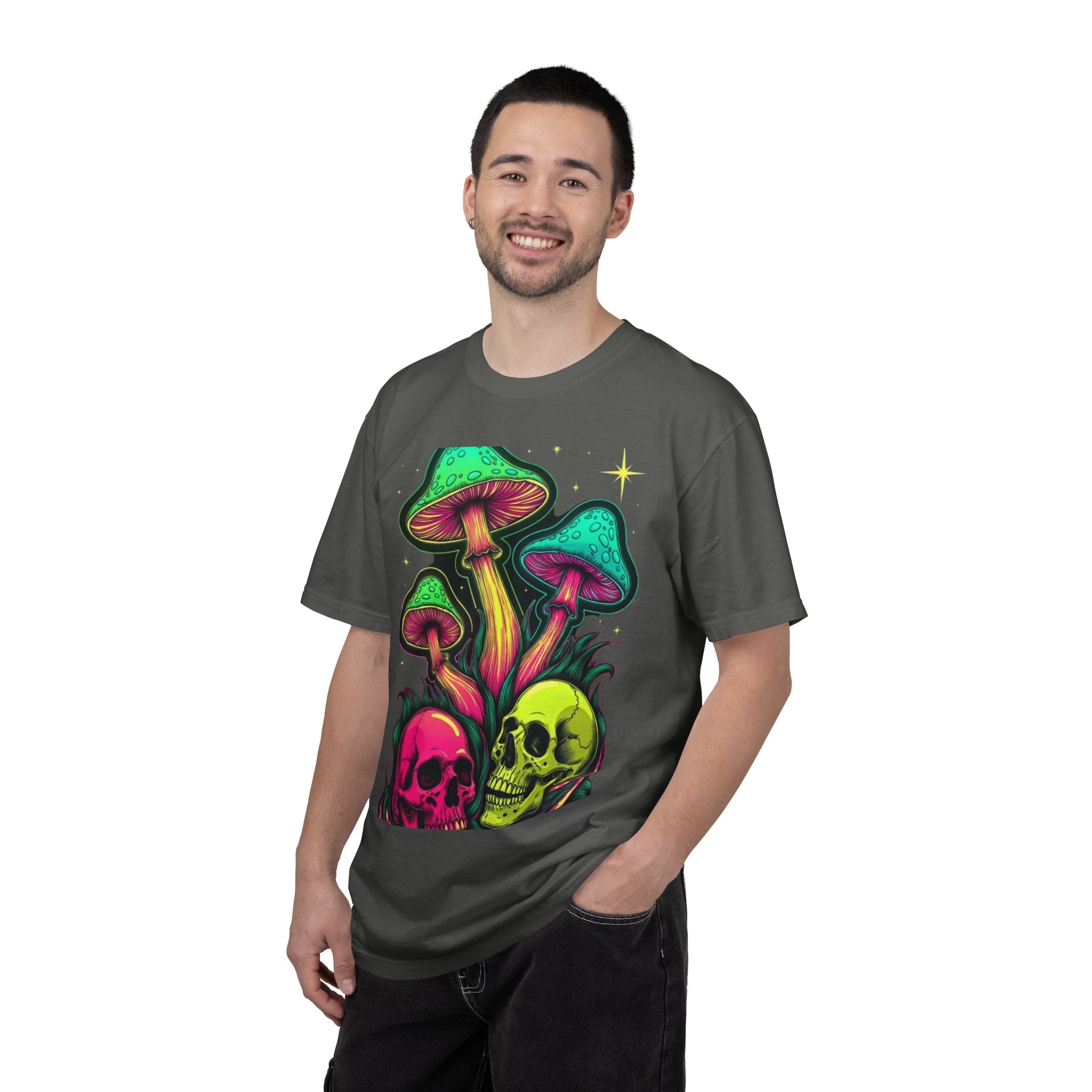 Psychedelic Mushroom & Skulls T-Shirt — Neon Trippy Graphic Tee