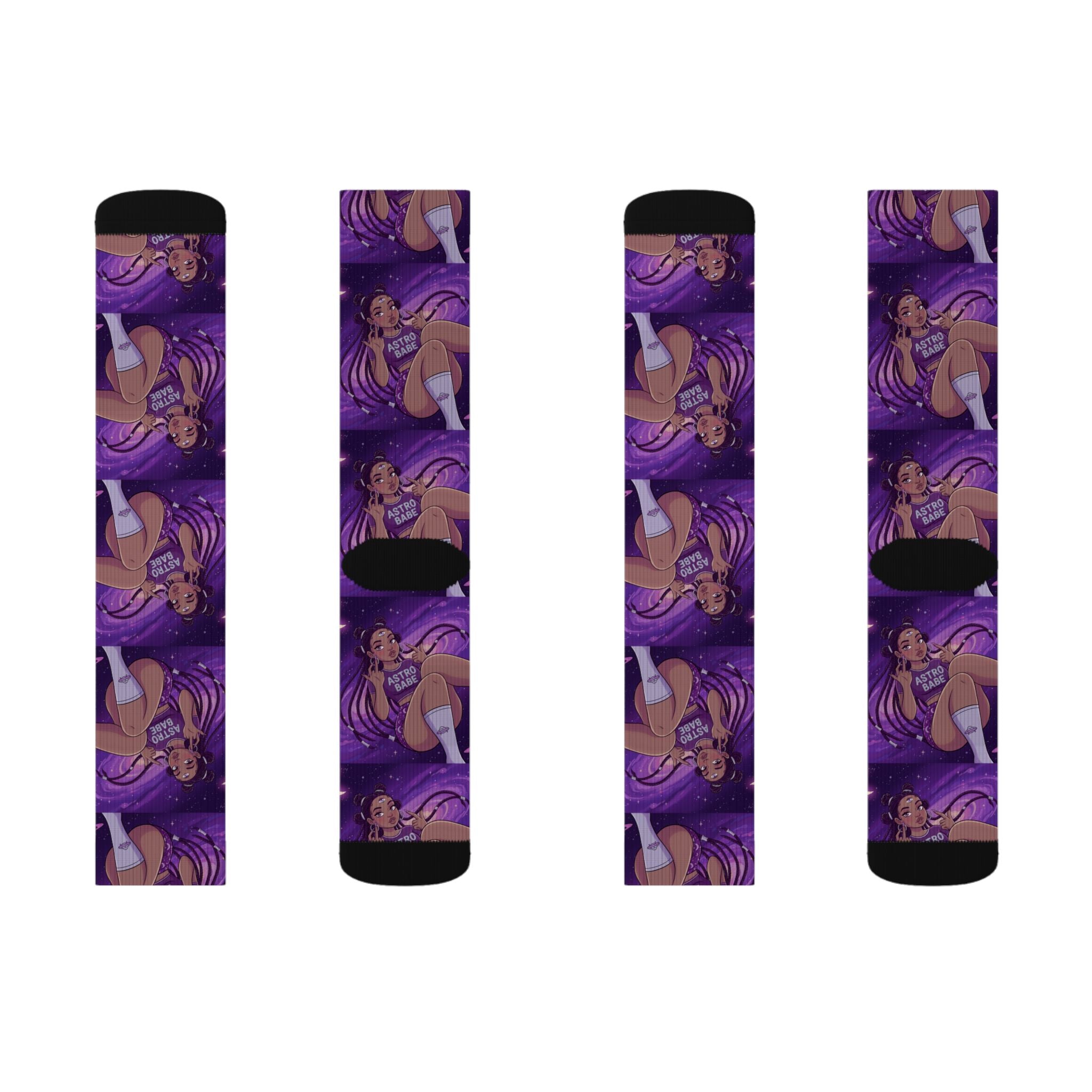 Astrology Babe Purple Sublimation Socks — Celestial Graphic Crew Socks