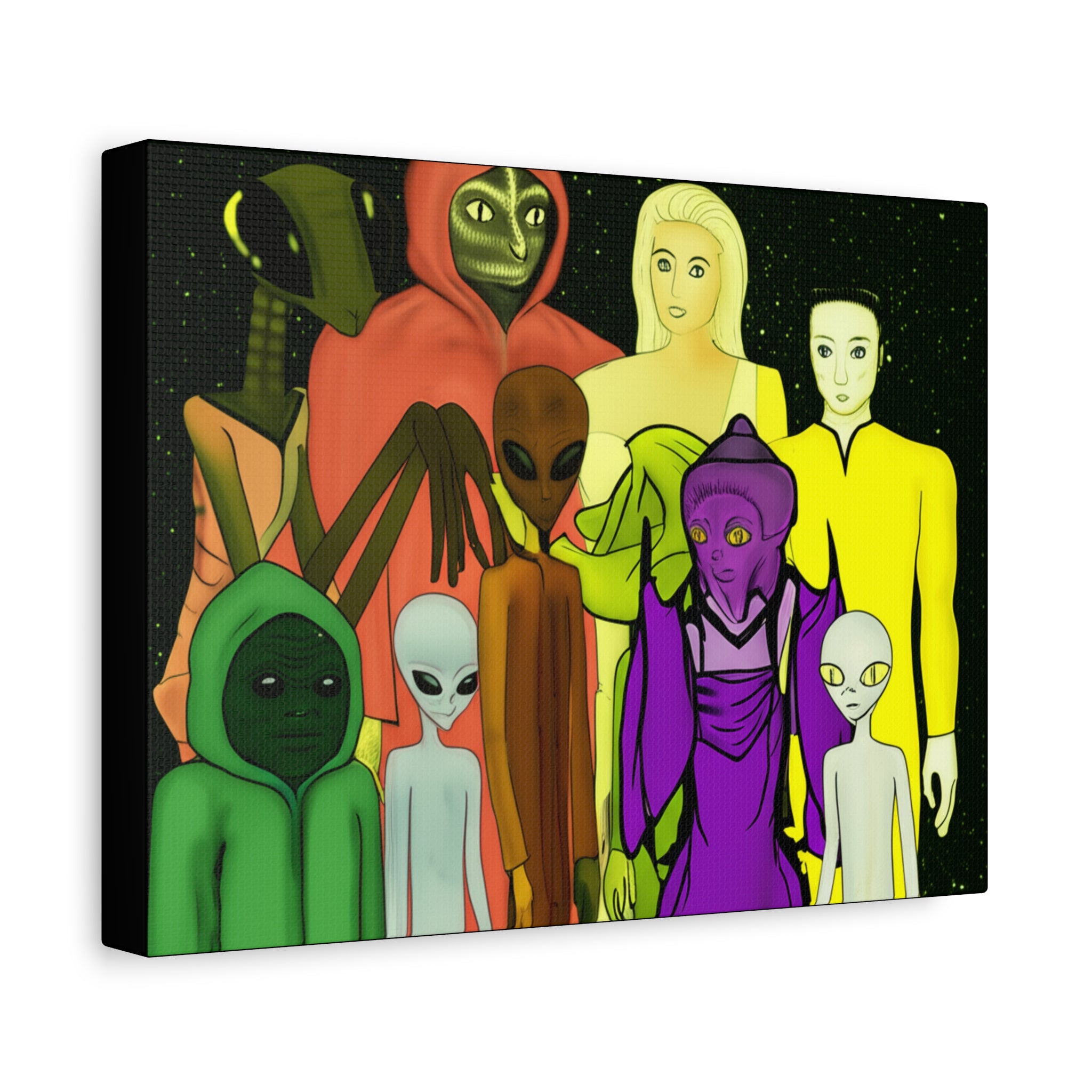 Alien Friends Canvas Art, Cosmic Wall Decor, Unique Home Gift, Sci-Fi Wall Hanging, Whimsical Art for UFO Lovers