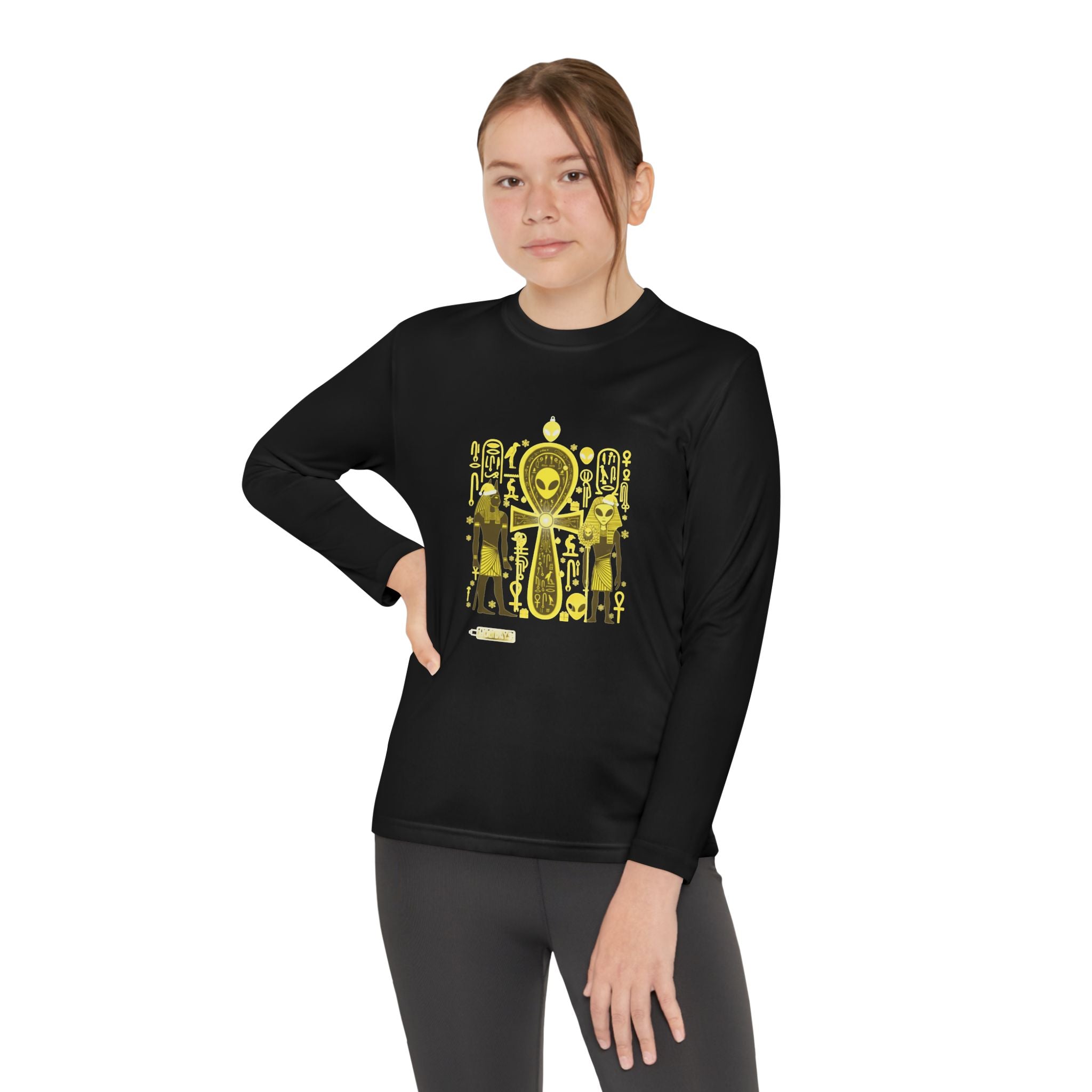 Youth Long Sleeve Tee — Yellow Alien Pharaoh Graphic