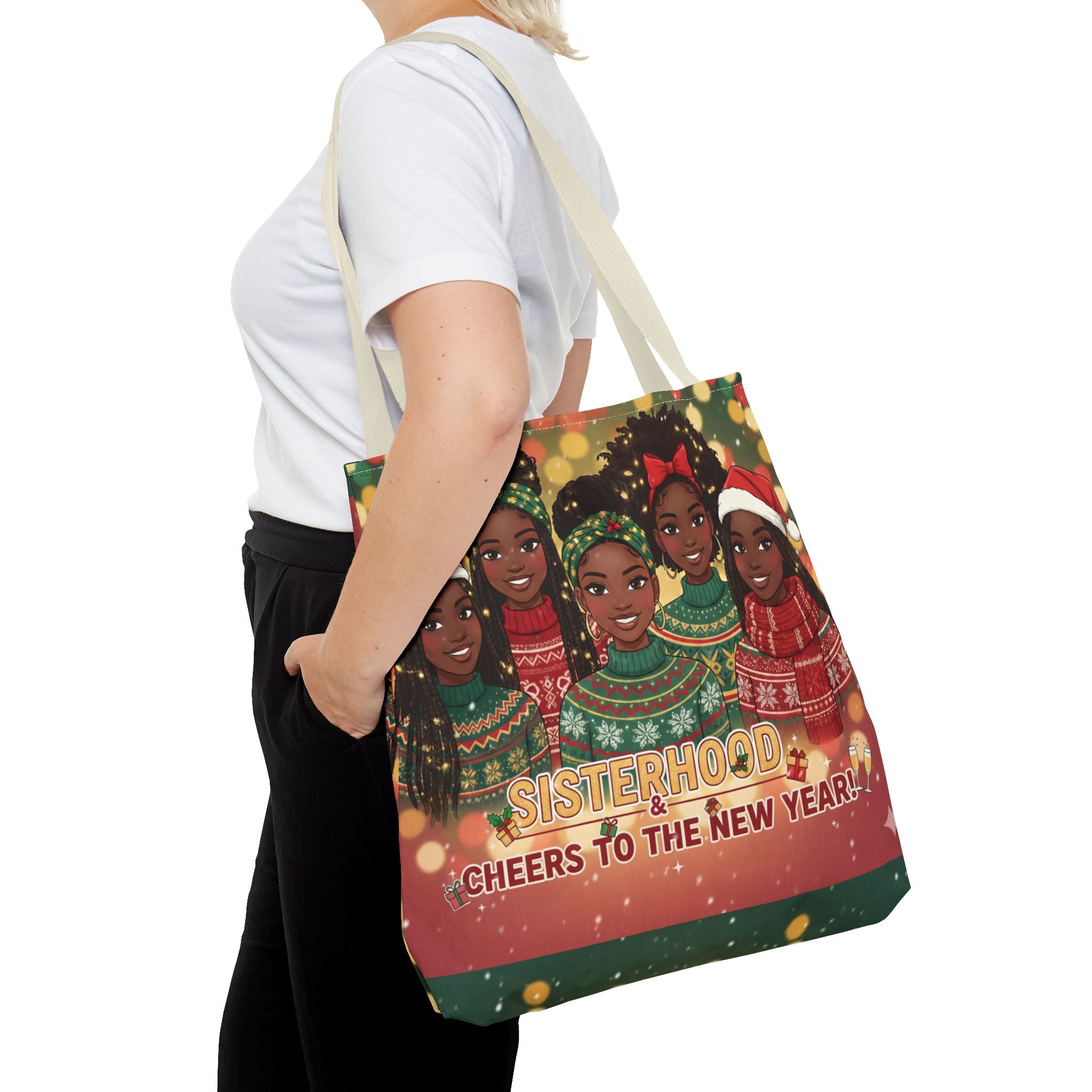 Sisterhood Holiday Tote Bag — “Cheers to the New Year!” Christmas Market Bag