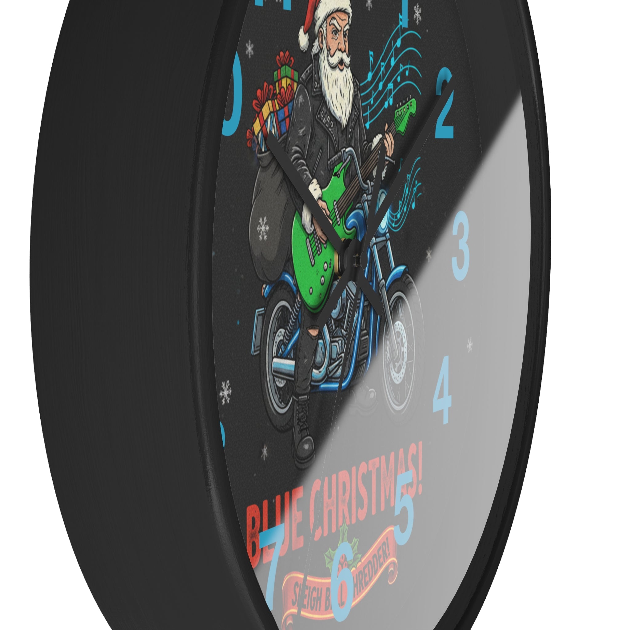 Blue Christmas Motorcycle Santa Wall Clock — 'Rockin' Through The Snow' Holiday Decor