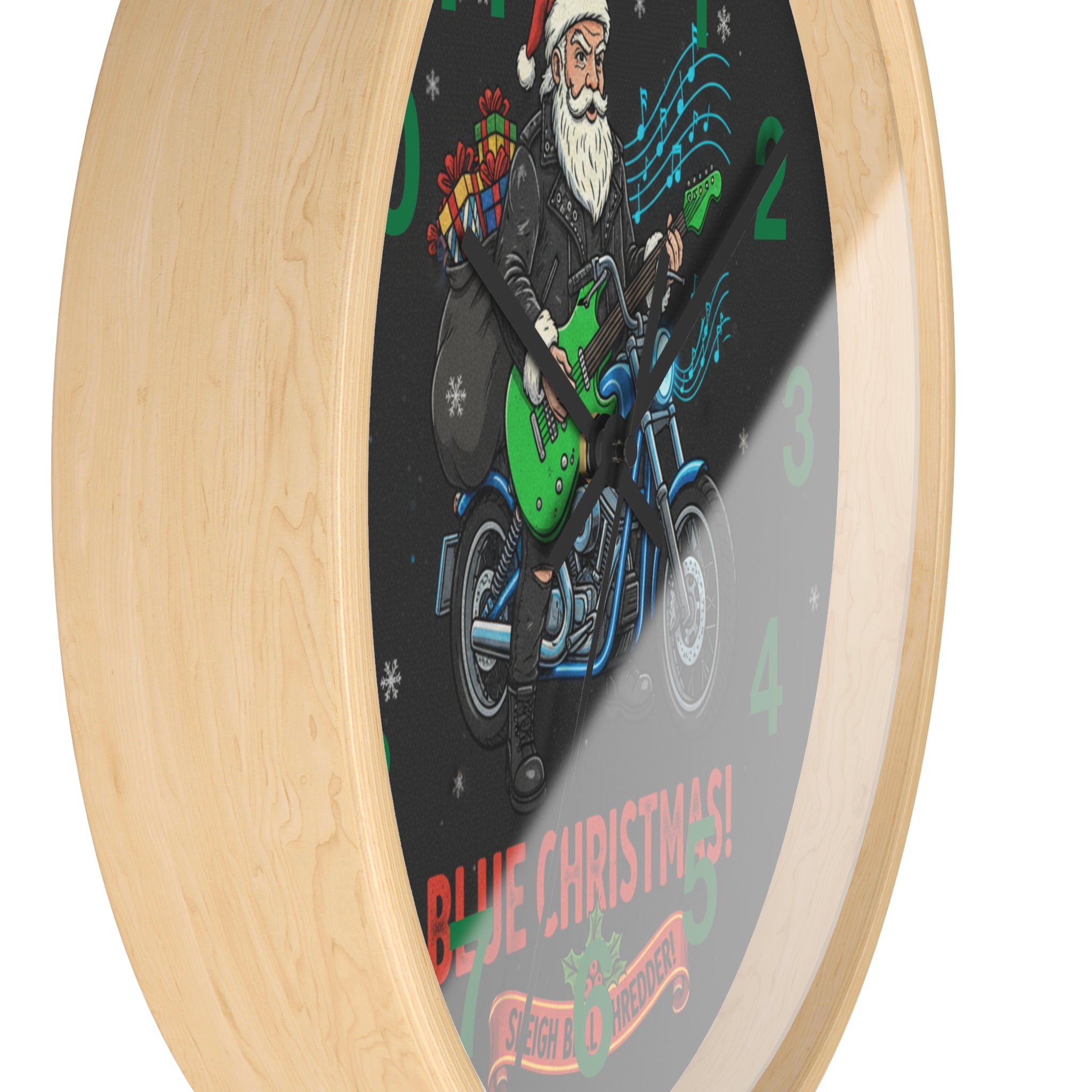 Blue Christmas Motorcycle Santa Wall Clock — Rockin' Through the Snow Holiday Decor