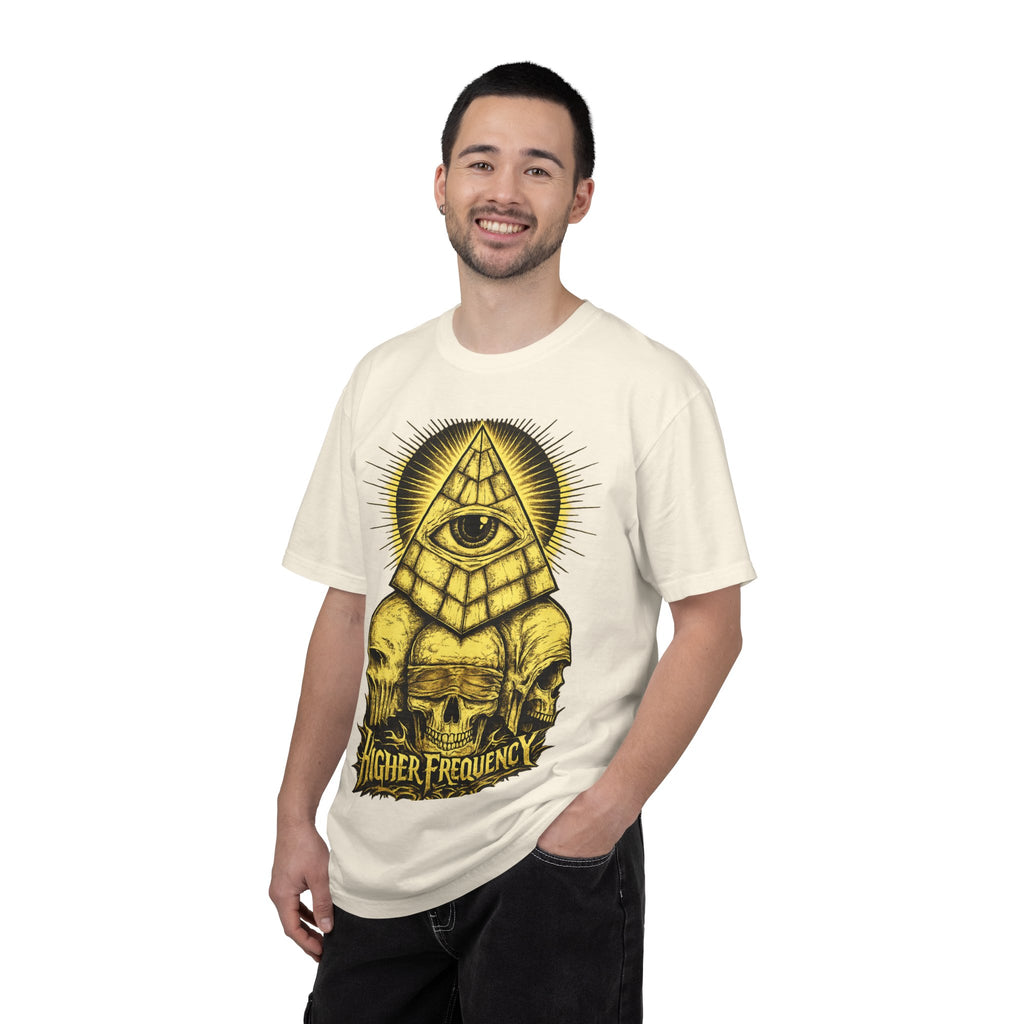 Higher Frequency Pyramid Eye T-Shirt — Occult Skull Graphic Tee Printify