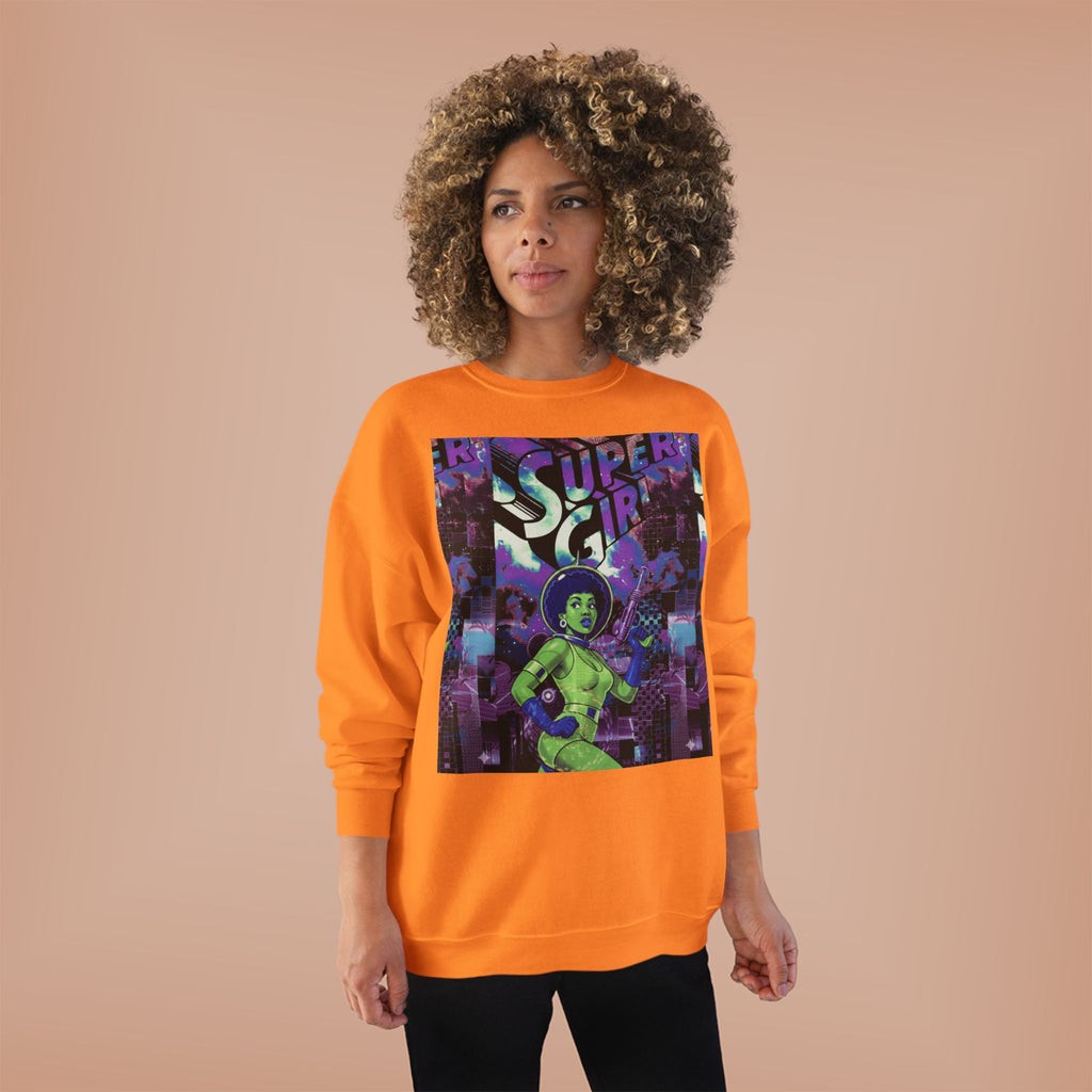 Retro Sci‑Fi 'Supergirl' Graphic Sweatshirt — Neon Space Comic Crewneck