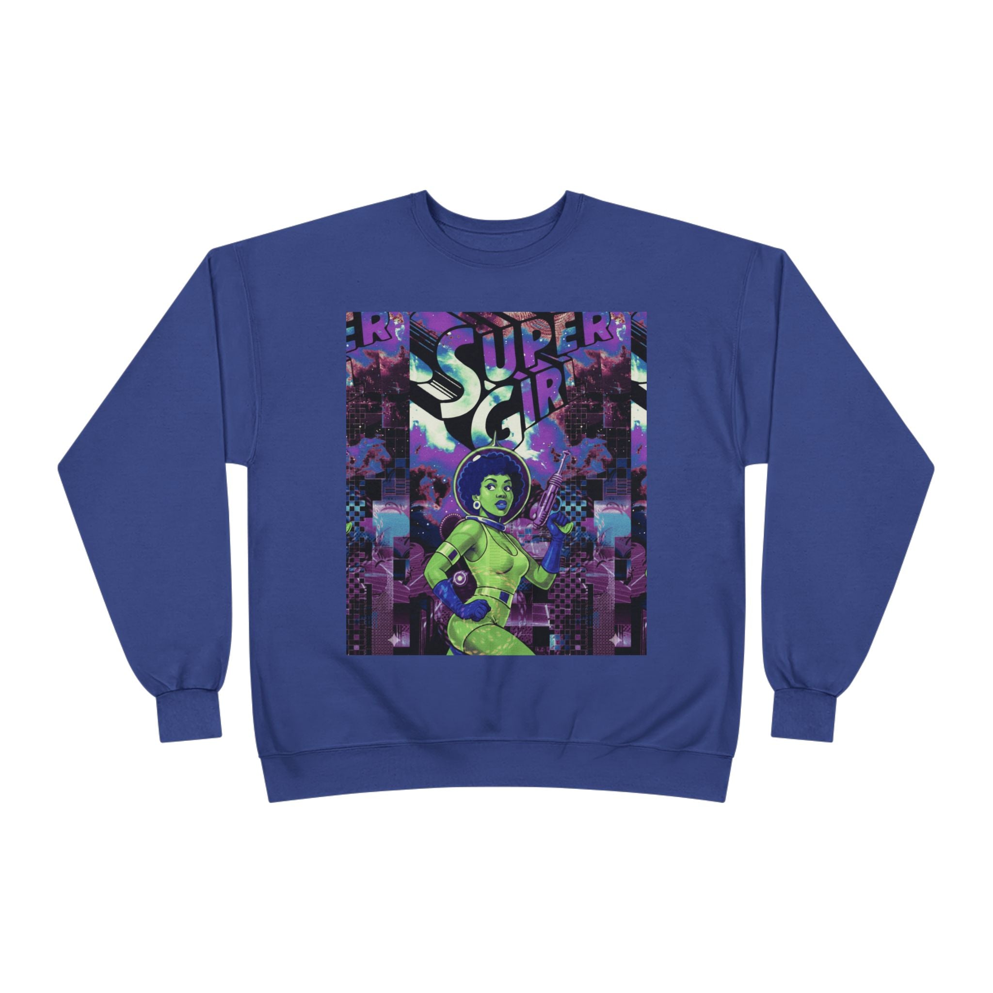Retro Sci‑Fi 'Supergirl' Graphic Sweatshirt — Neon Space Comic Crewneck