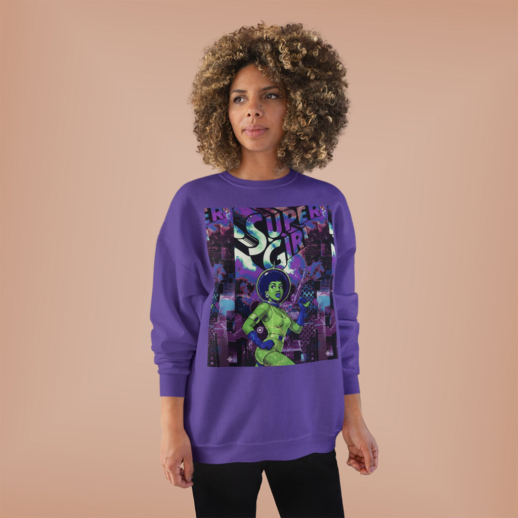 Retro Sci‑Fi 'Supergirl' Graphic Sweatshirt — Neon Space Comic Crewneck