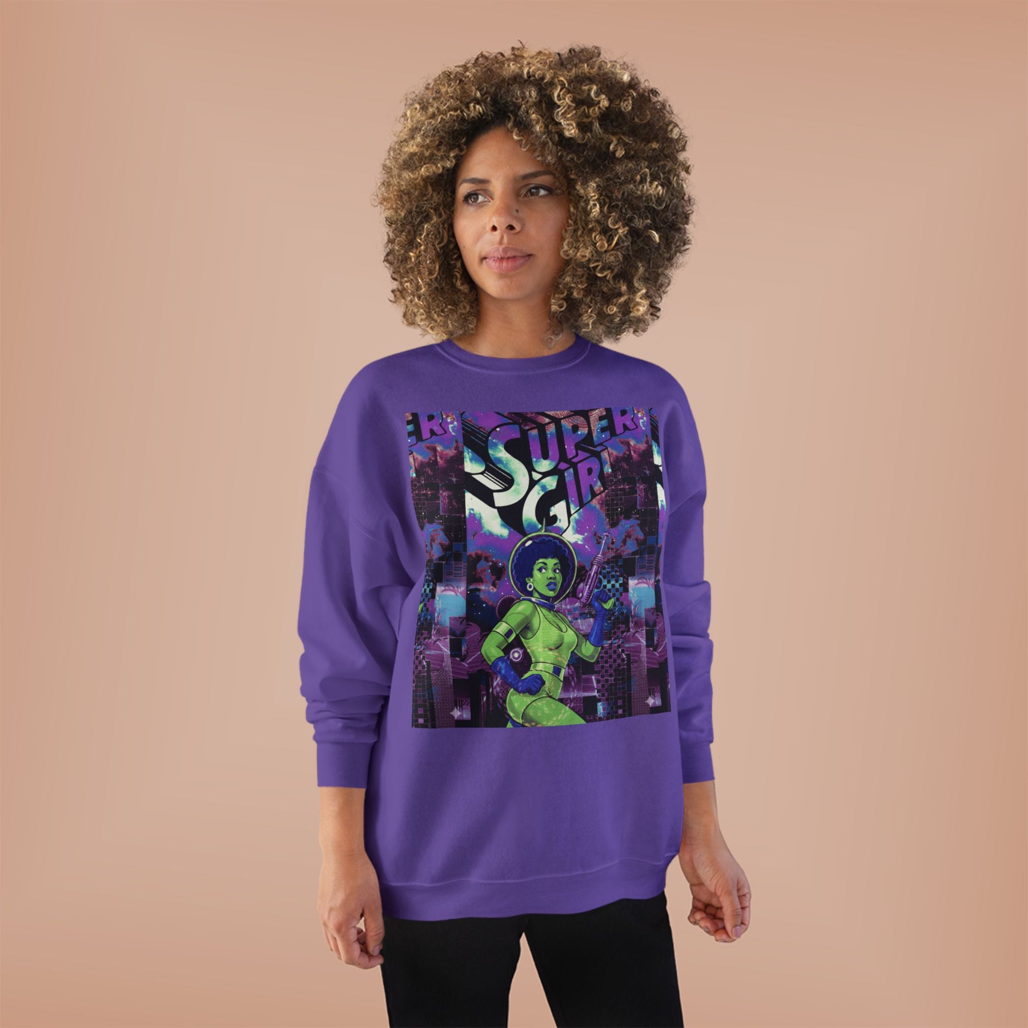 Retro Sci‑Fi 'Supergirl' Graphic Sweatshirt — Neon Space Comic Crewneck