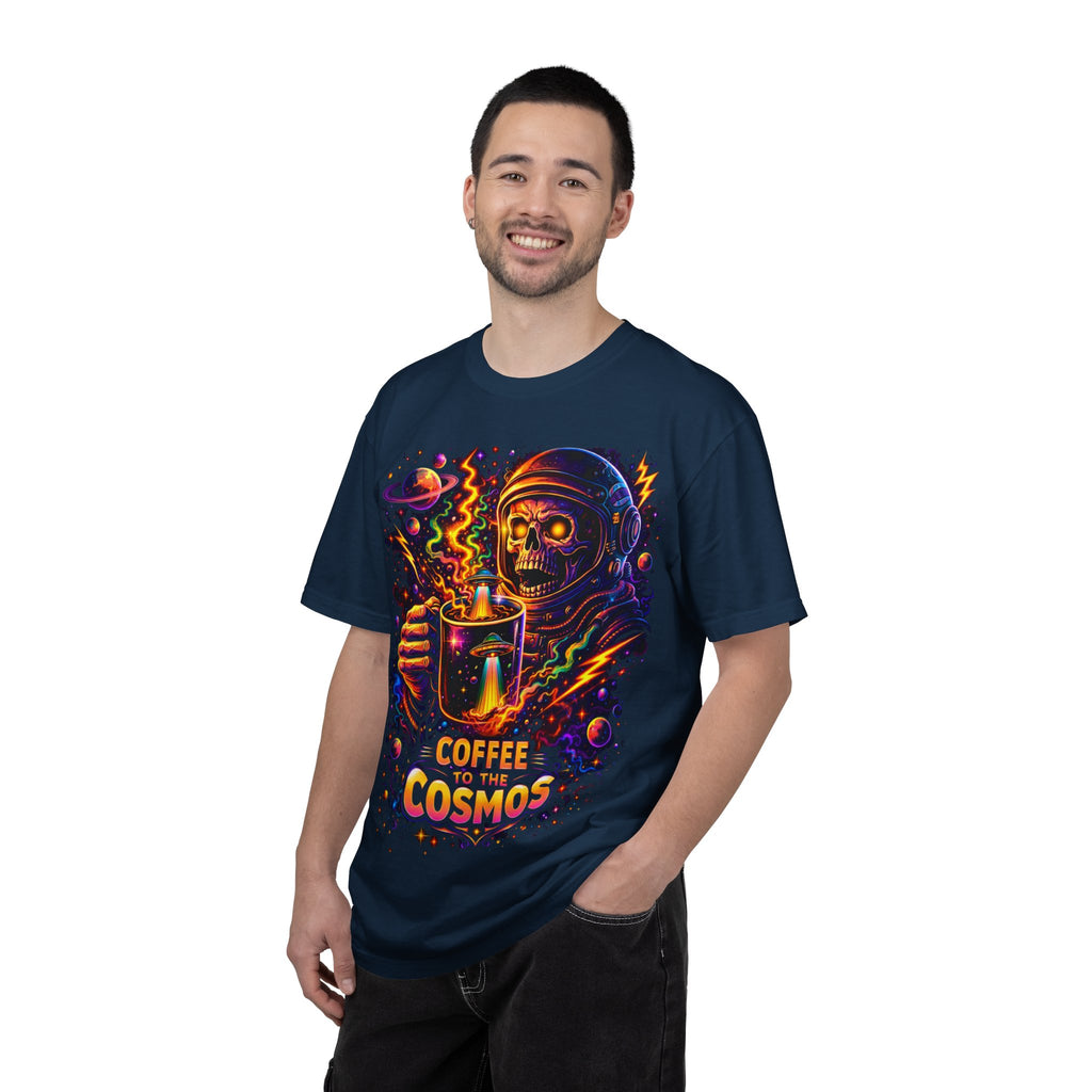 Coffee of the Cosmos T-Shirt — Neon Astronaut Skull Coffee Tee Printify