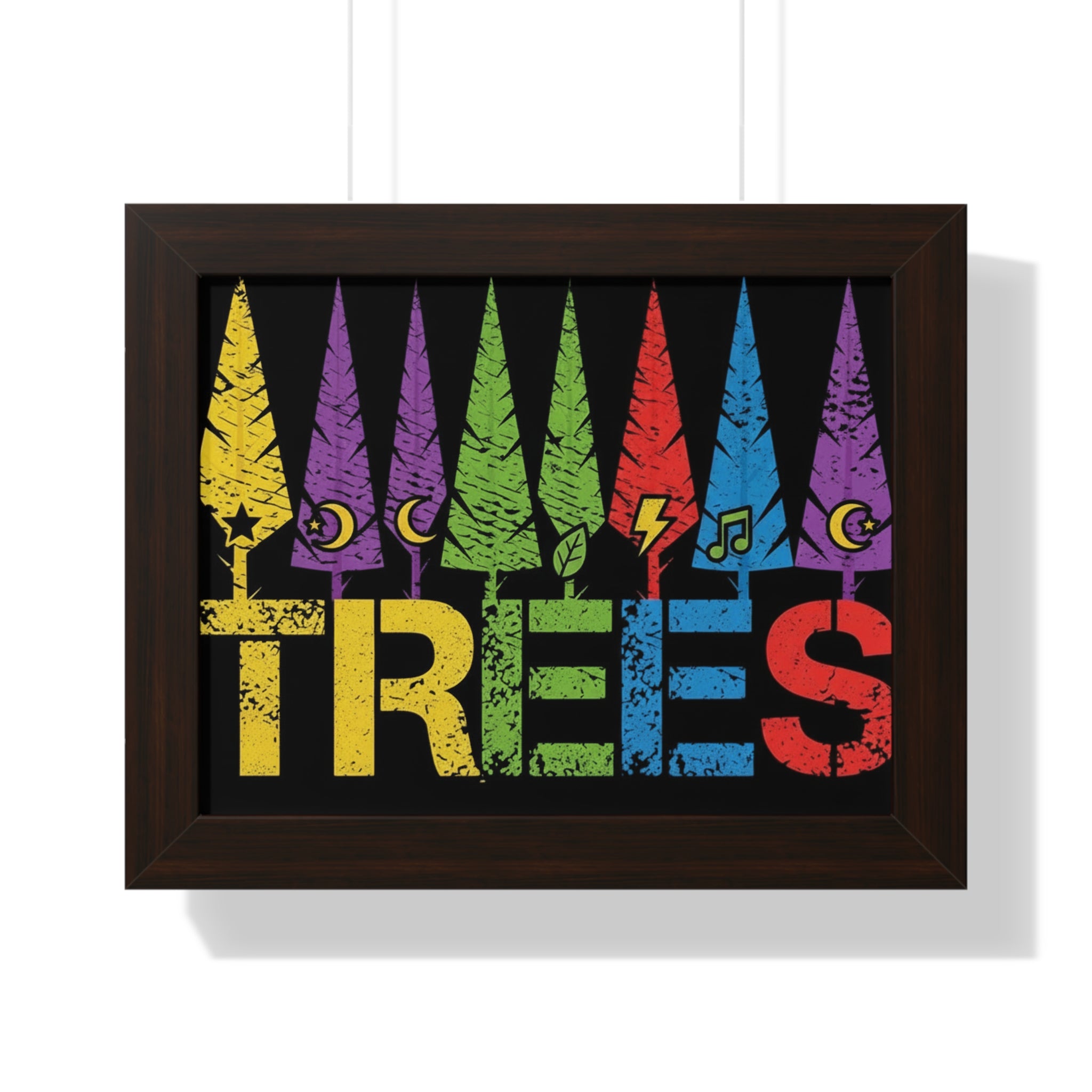Framed Poster - Colorful 'TREES' Graphic Art Print (Rainbow Forest, Retro Distressed)