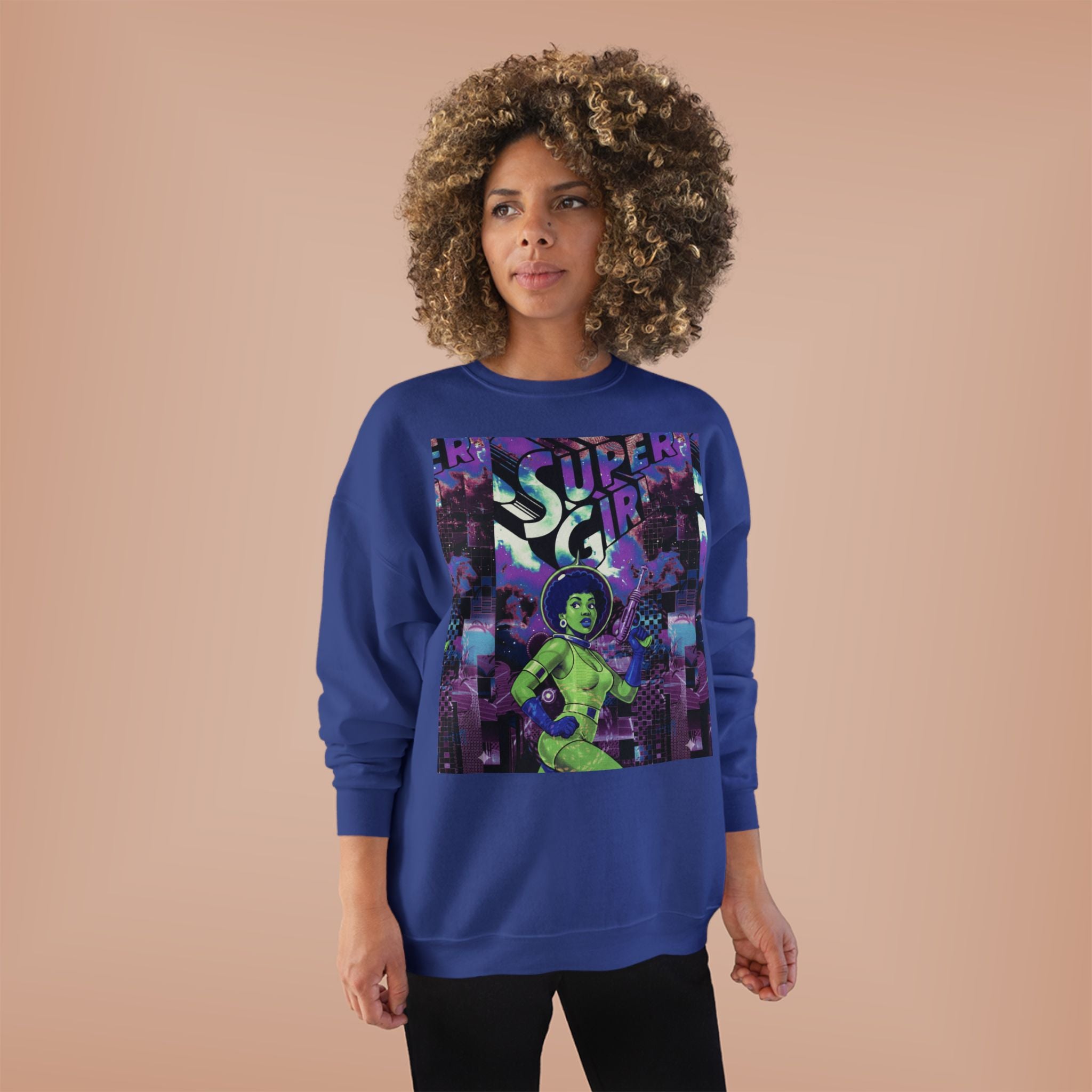Retro Sci‑Fi 'Supergirl' Graphic Sweatshirt — Neon Space Comic Crewneck